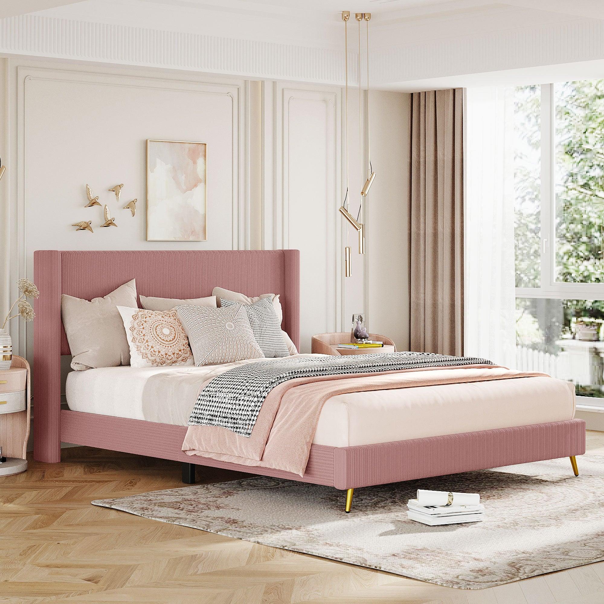 Queen Size Corduroy Platform Bed with Metal Legs, Pink image