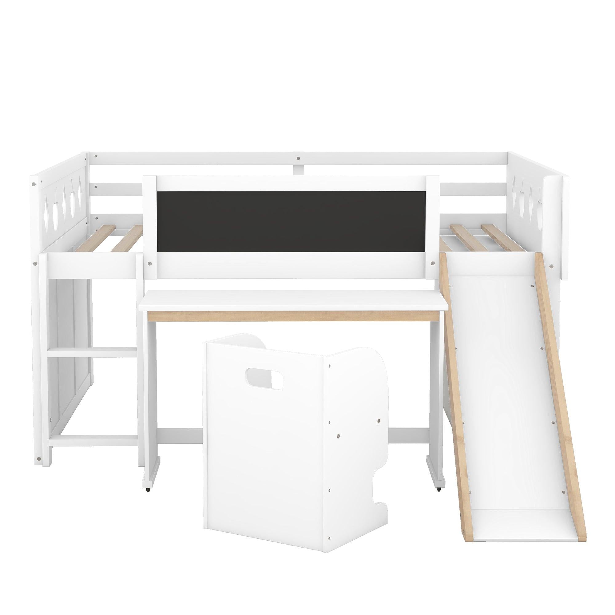 Wood Full Size Loft Bed with Slide, 4 Cabinets, Blackboard, Desk and Chair, White