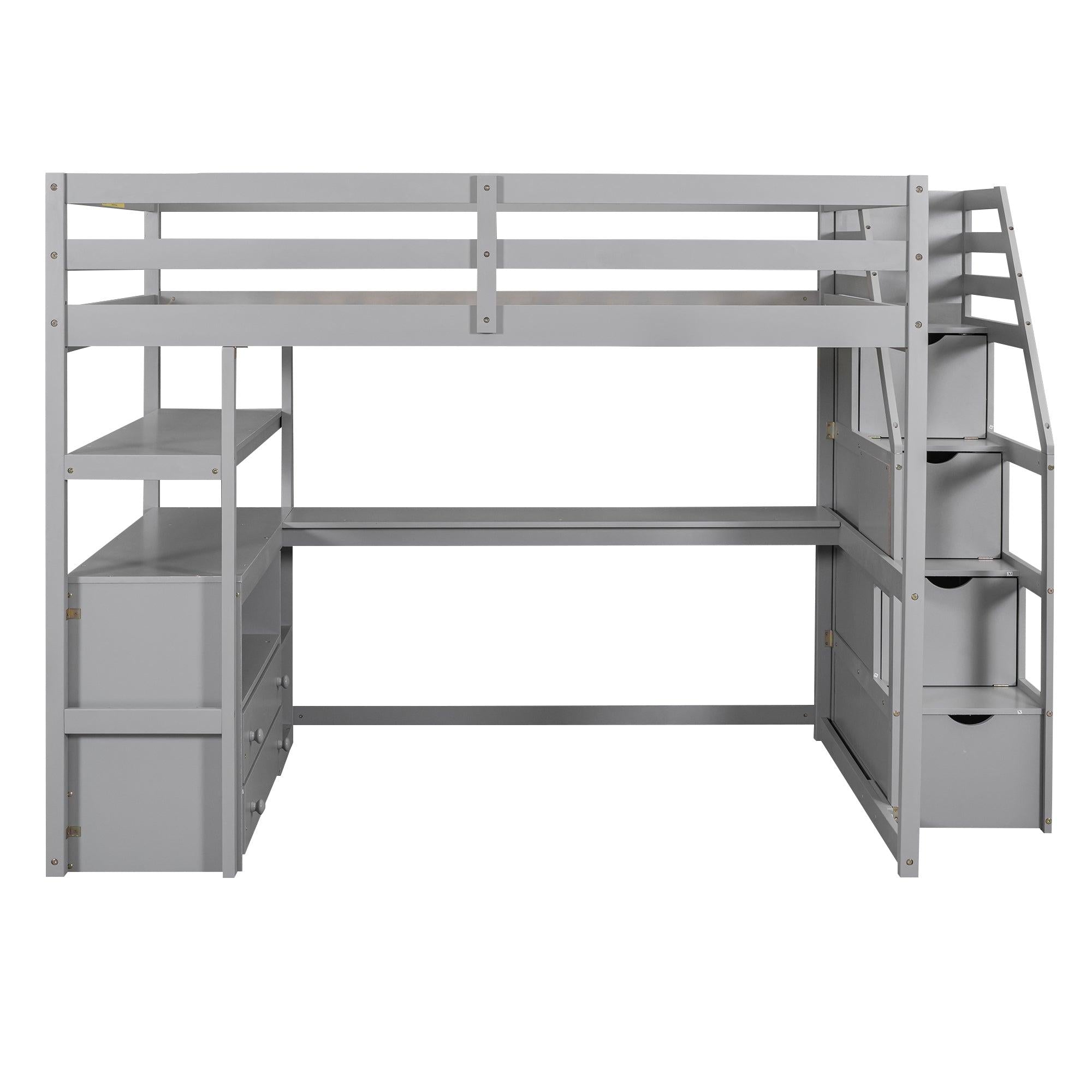 Full Size Loft Bed with Desk and Shelves, Two Built-in Drawers,Storage Staircase, Gray