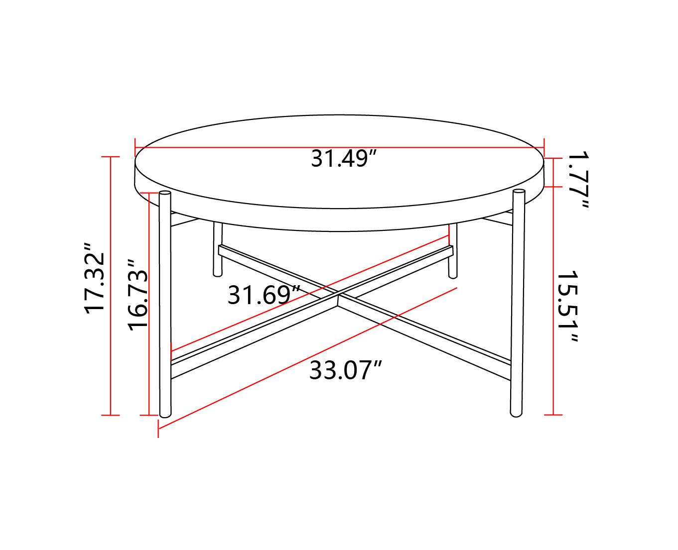 33"Modern Thread Design Round Coffee Table ,  MDF  Table Top with Cross Legs Metal Base