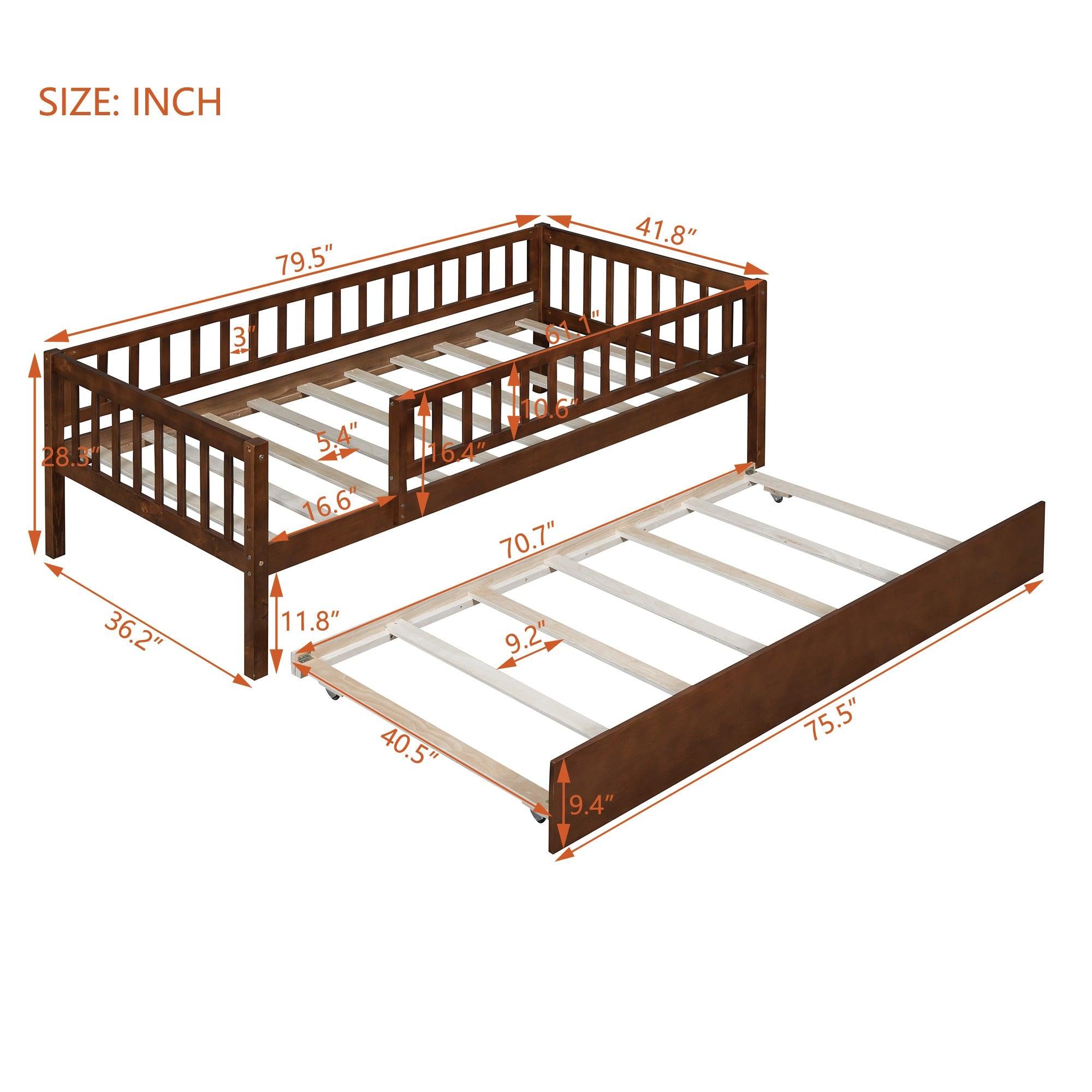 Twin Size Wood Daybed with Trundle and Fence Guardrails, Walnut