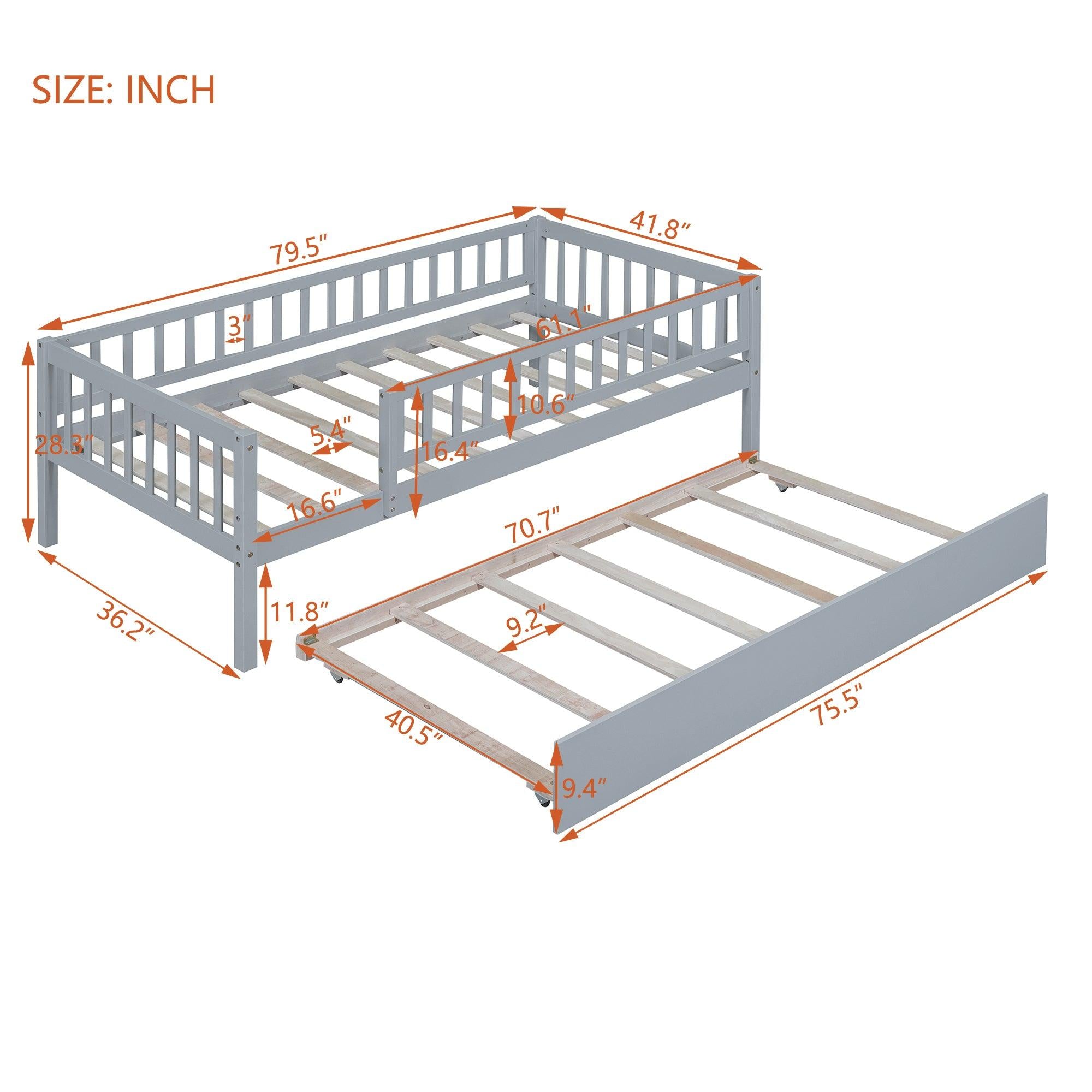 Twin Size Wood Daybed with Trundle and Fence Guardrails, Gray