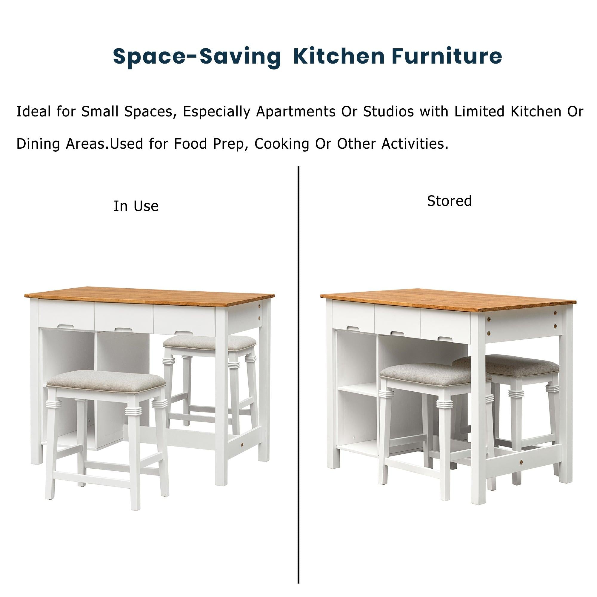 Farmhouse 3-piece 45" Stationary Rubber Wood Kitchen Island Set with 2 Seatings, Butcher Block Dining Table Set Prep Table Set with 2 Shelves and 3 Drawers for Small Places,White