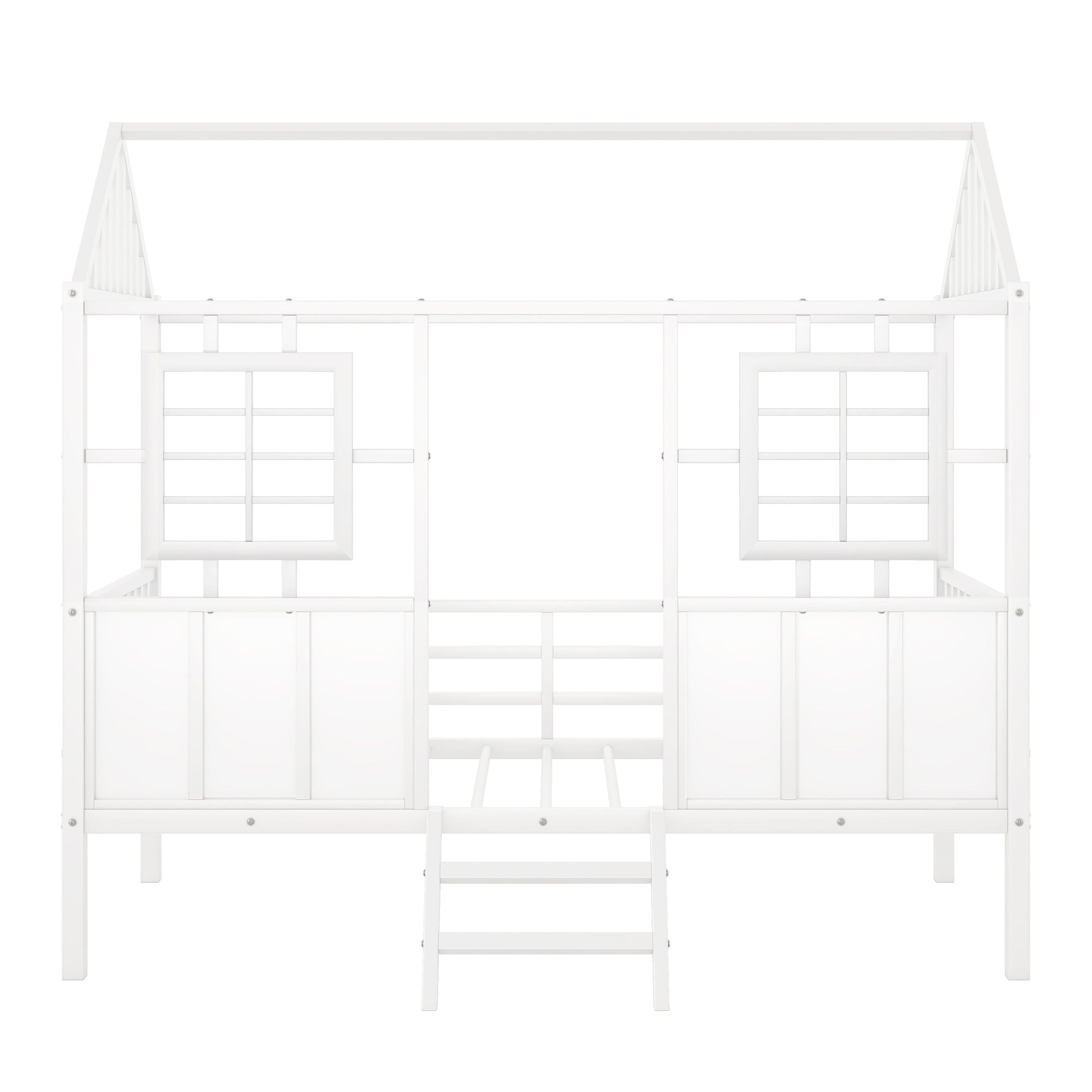 Twin Size Metal Low Loft House Bed with Roof and Two Front Windows , White