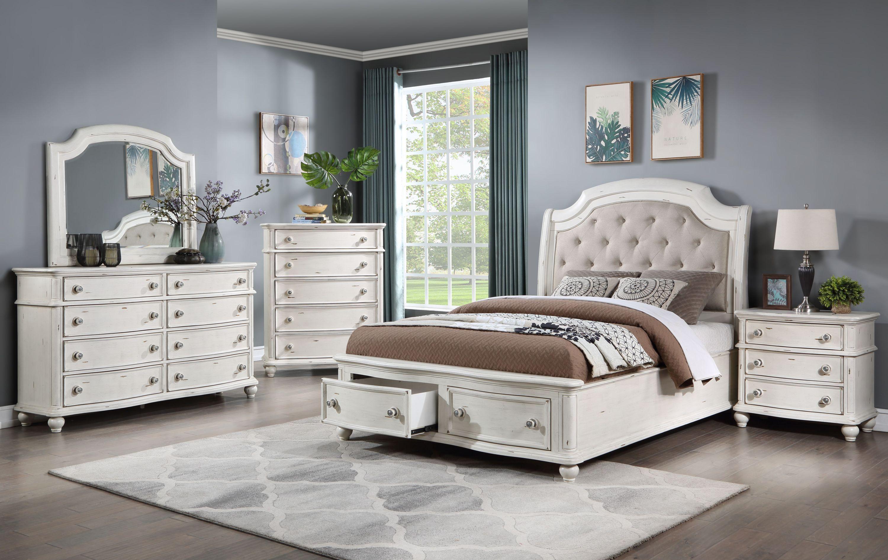 ACME Jaqueline QUEEN BED W/STORAGE Gray Linen & Antique White Finish BD01433Q