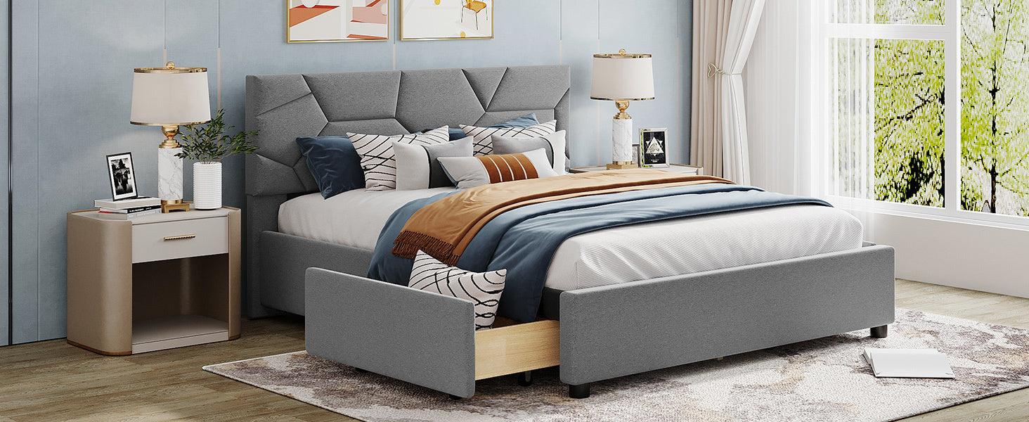 Queen Size Upholstered Platform Bed with Brick Pattern Heardboard and 4 Drawers, Linen Fabric, Gray