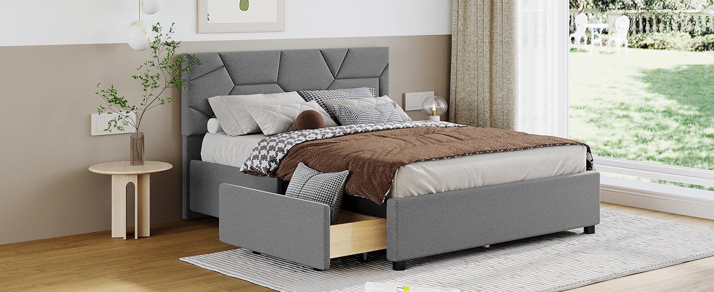 Full Size Upholstered Platform Bed with Brick Pattern Heardboard and 4 Drawers, Linen Fabric, Gray