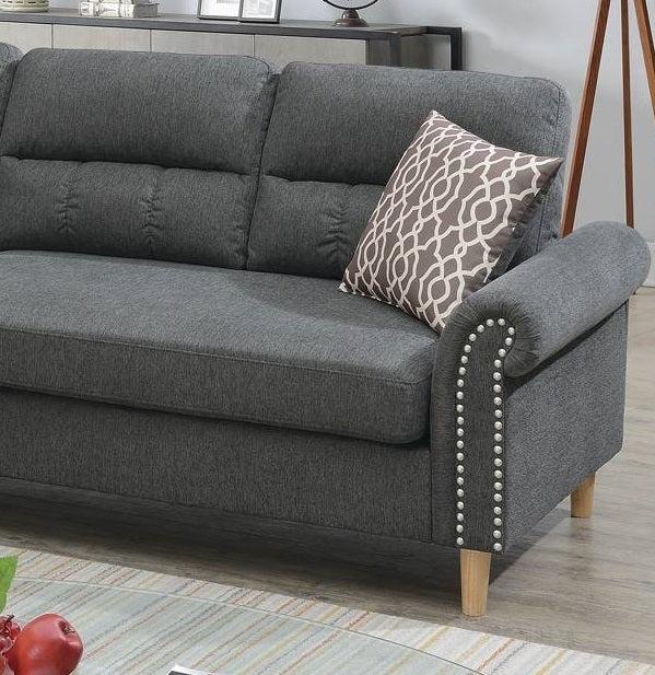 Slate Color Polyfiber Reversible Sectional Sofa Set Chaise Pillows Plush Cushion Couch Nailheads