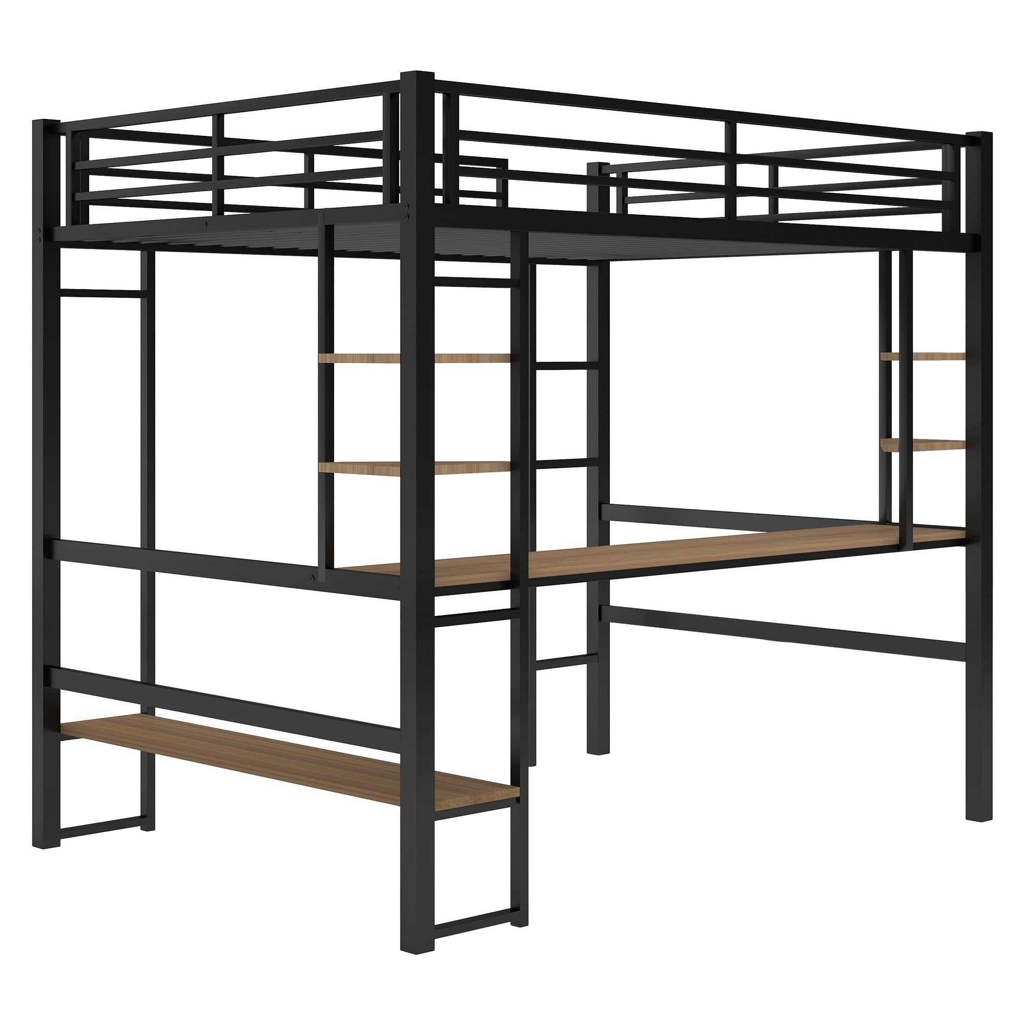 Full Size Loft Metal&MDF Bed with Long Desk and Shelves,Black