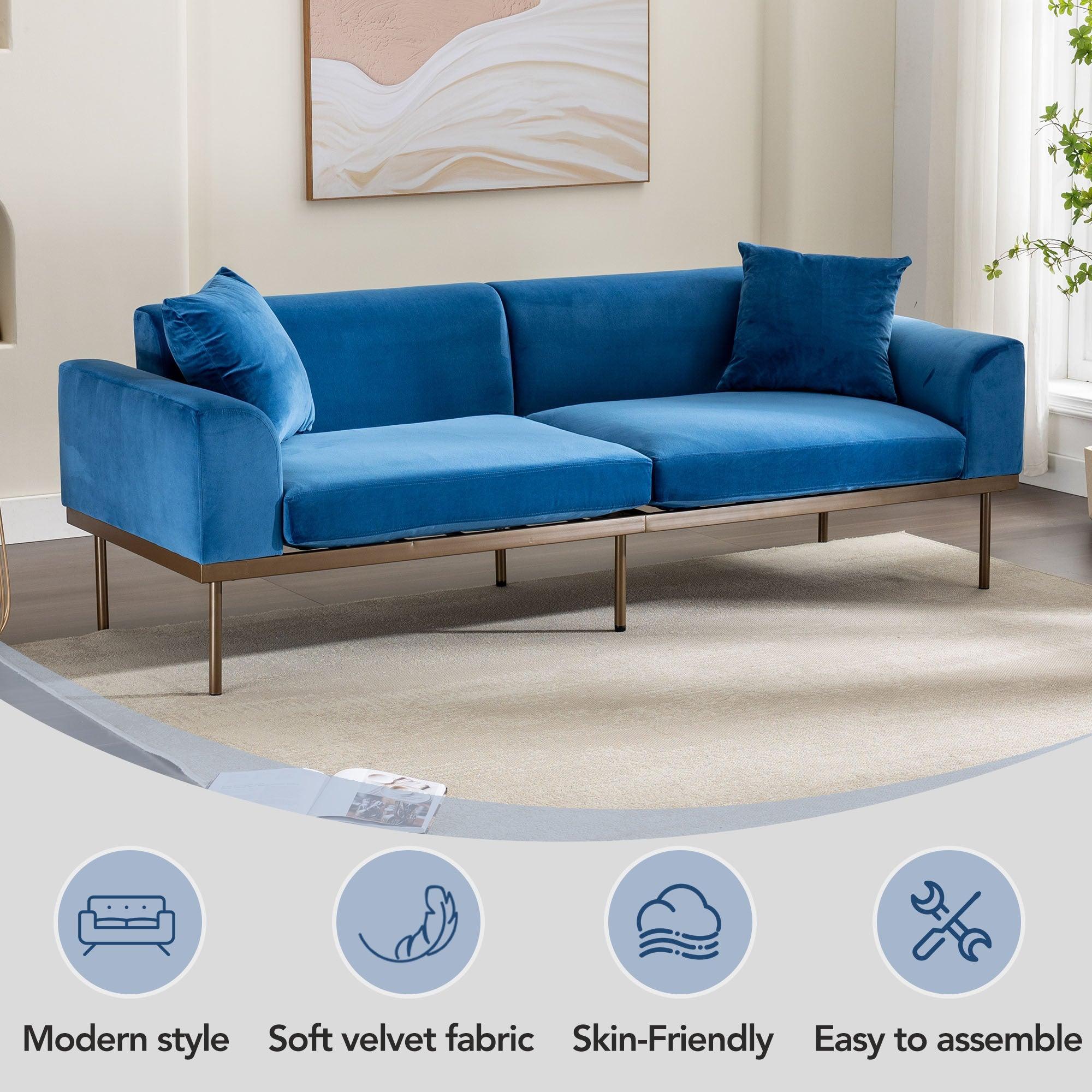 Modern Velvet Sofa with Metal Legs,Loveseat Sofa Couch with Two Pillows for Living Room and Bedroom,Blue