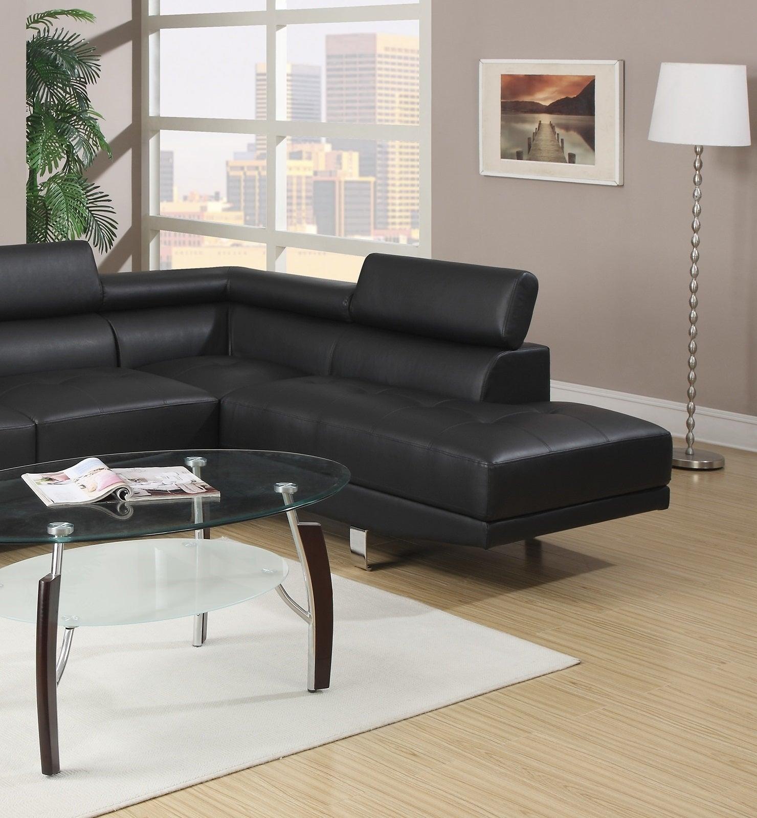 Black Color Sectional Living Room Furniture Faux Leather Adjustable Headrest Right Facing Chaise & Left Facing Sofa