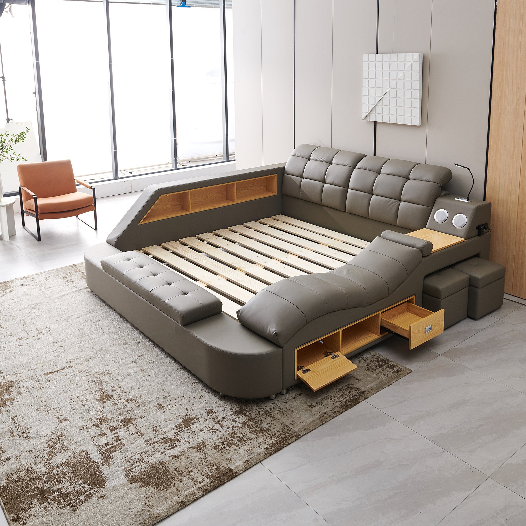 Multifunctional UpholsteredStorage Bed Frame, Massage Chaise Lounge on Left, King Size, Grey