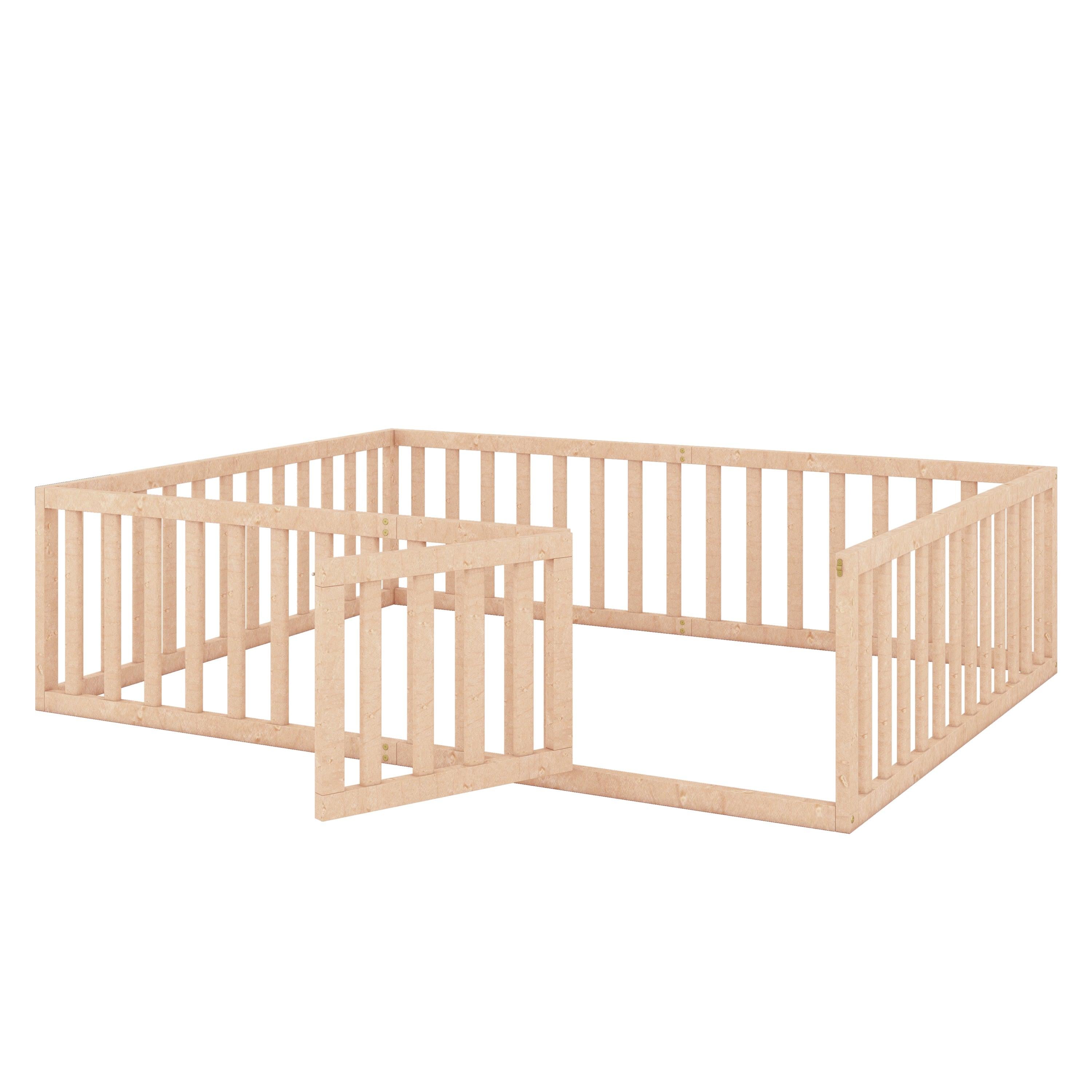 Queen Size Wood Floor Bed Frame with Fence and Door, Natural