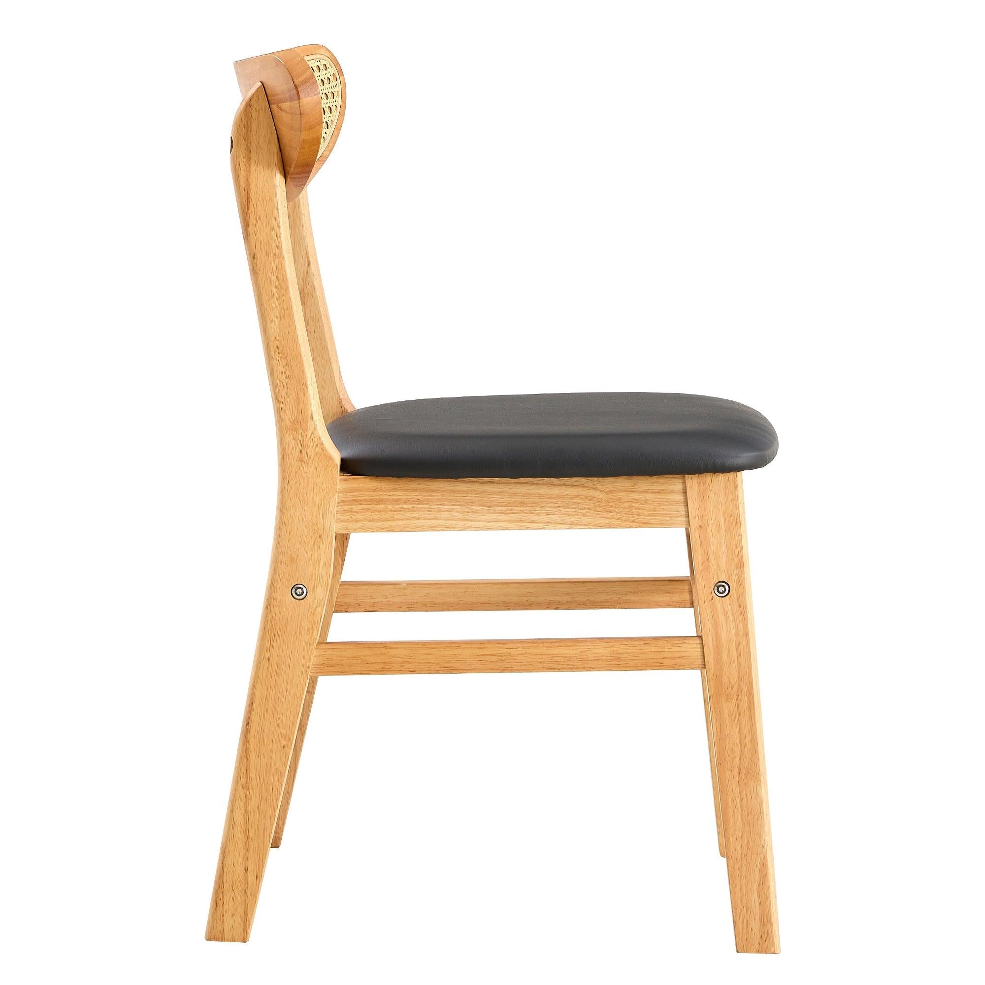 Solid Wood Dining Chair Stylish and Durable Small with Curved Backrest, PU+Foam Cushion, and Plastic Rattan Surface - Perfect for Any Room Décor and Daily Use