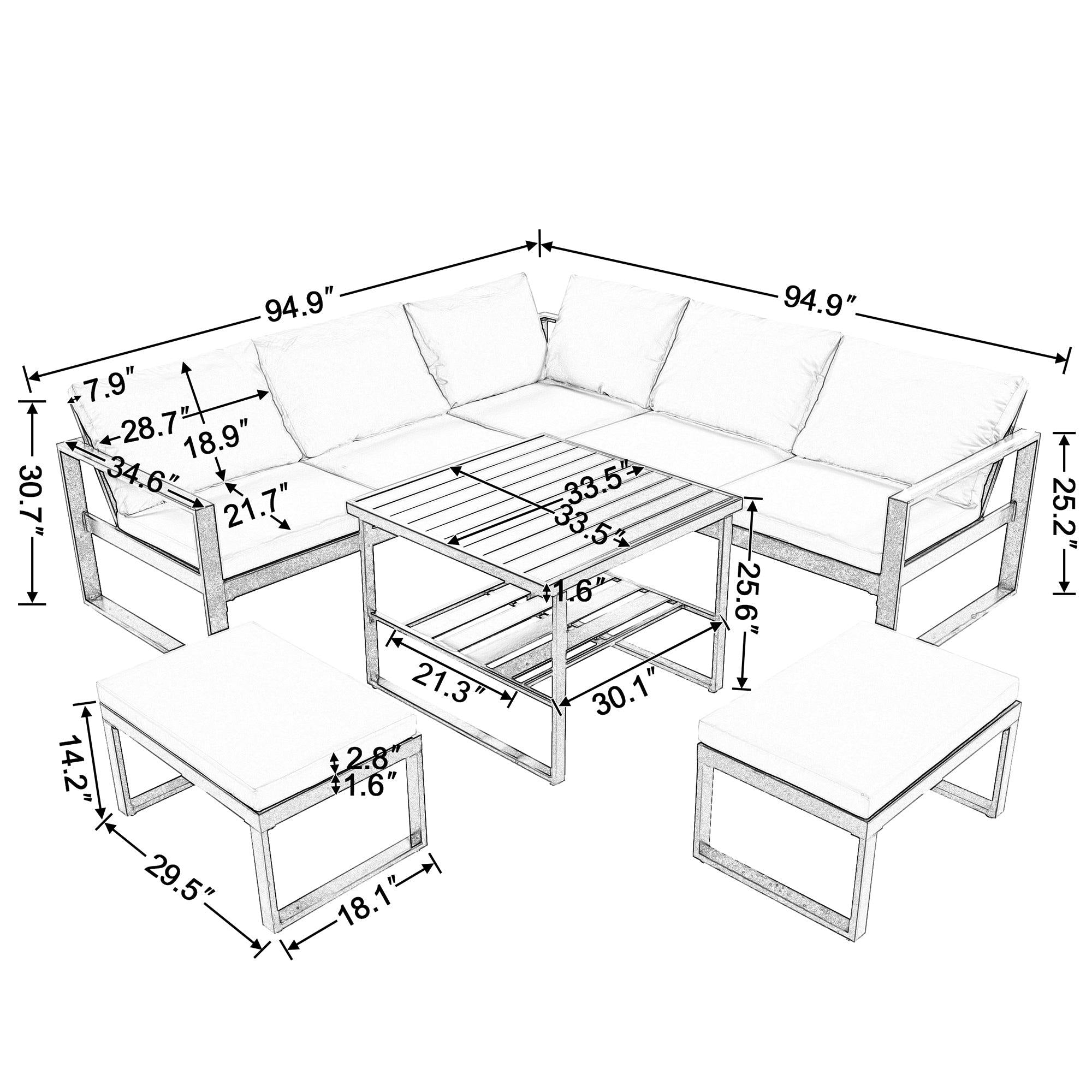 Industrial Style Outdoor Sofa Combination Set With 2 Love Sofa,1 Single Sofa,1 Table,2 Bench