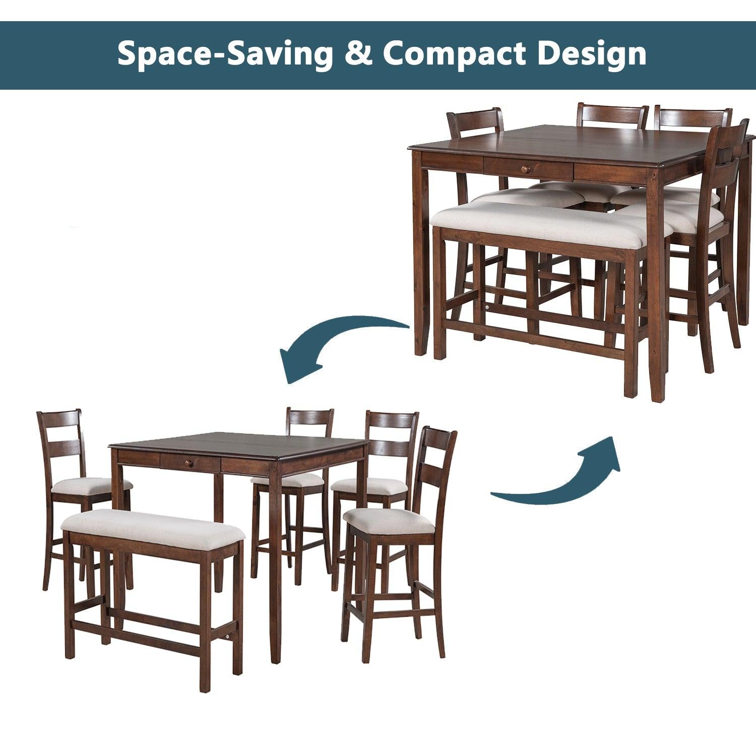 Wood 6-Piece Dining Table Set withStorage Drawer, Counter Height Square Kitchen Set with Upholstered Chair and Bench, Walnut