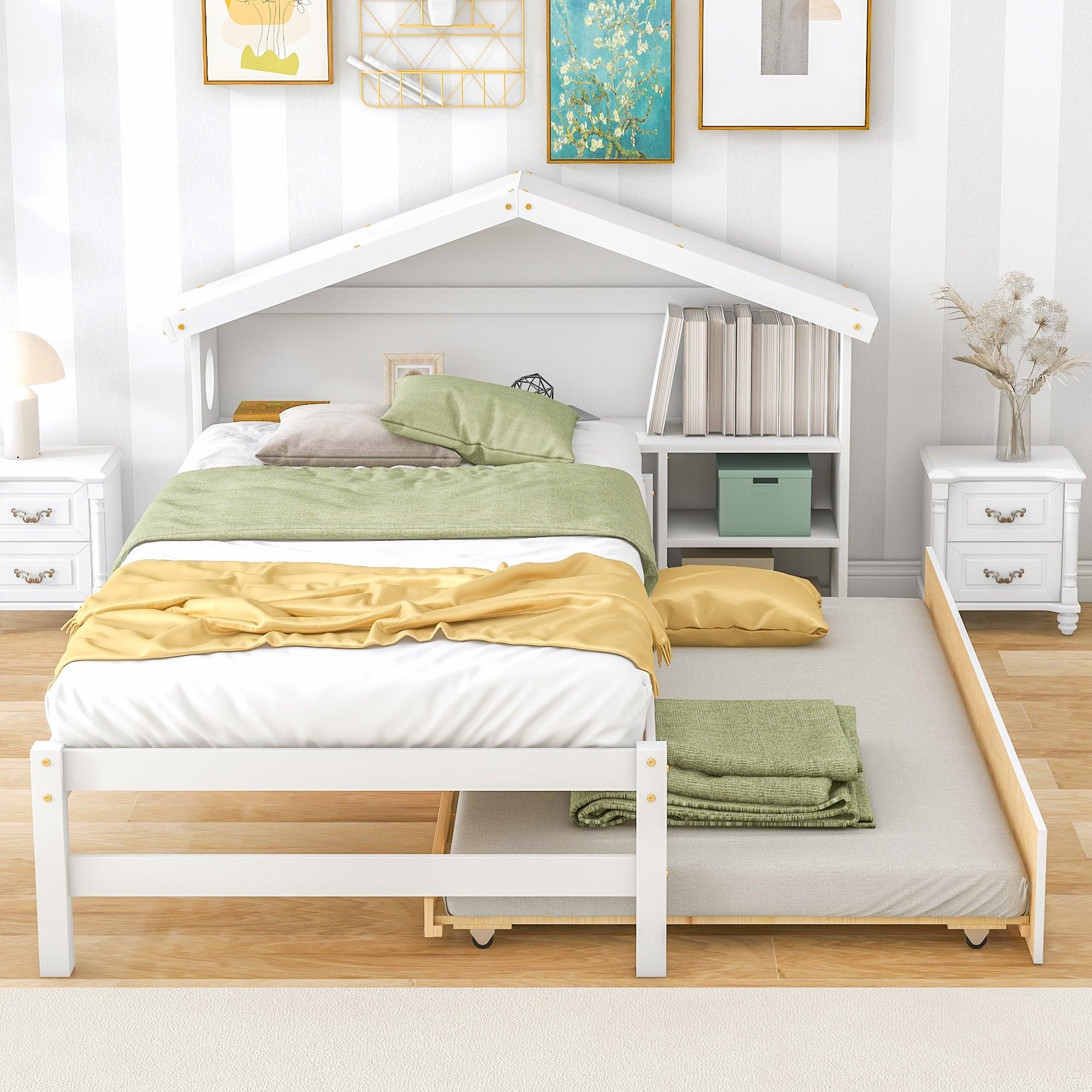 TwinStorage House Bed for kids with Bedside Table, Trundle, White