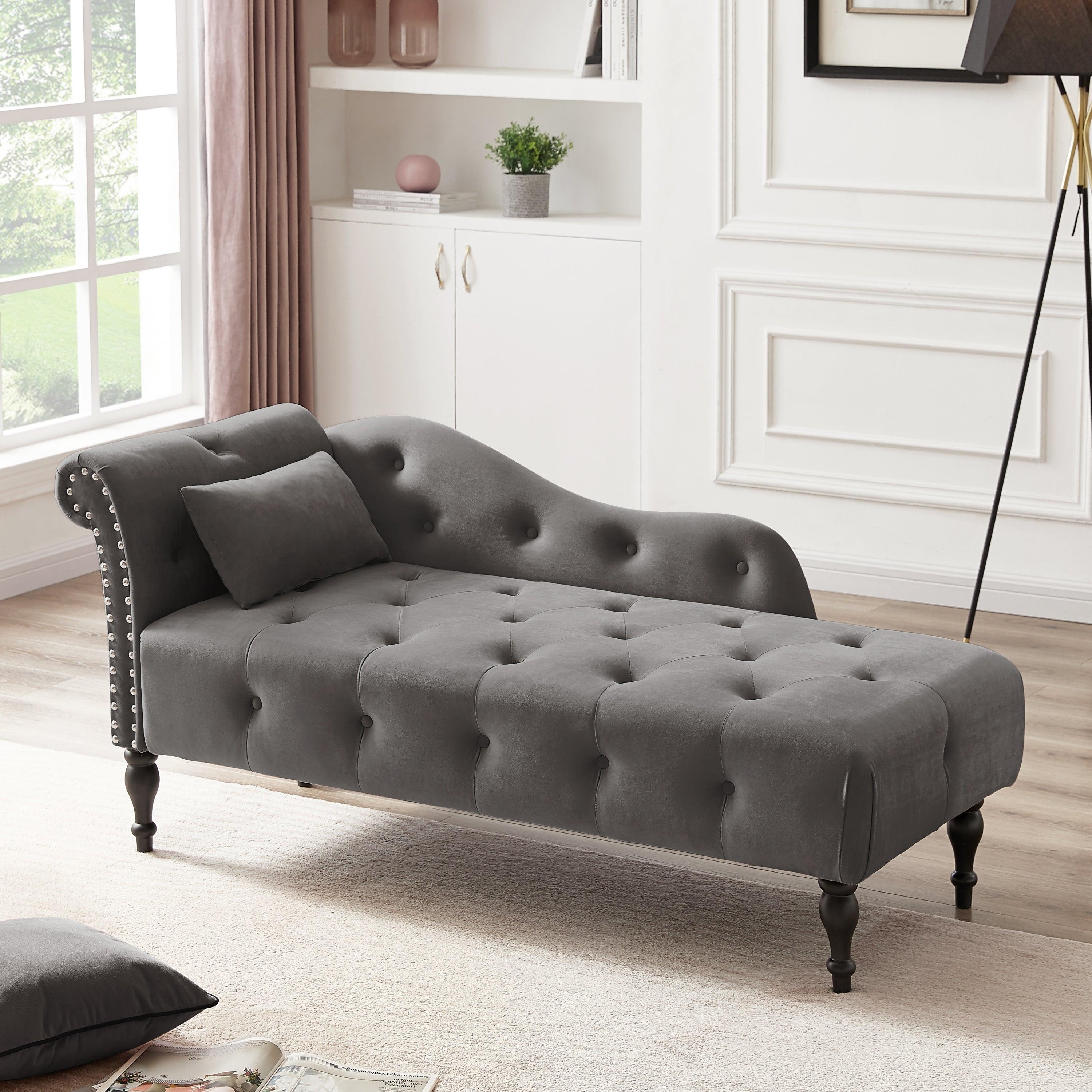 60.6" Velvet Chaise Lounge Buttons Tufted Nailhead Trimmed Solid Wood Legs with 1 Pillow,Grey image