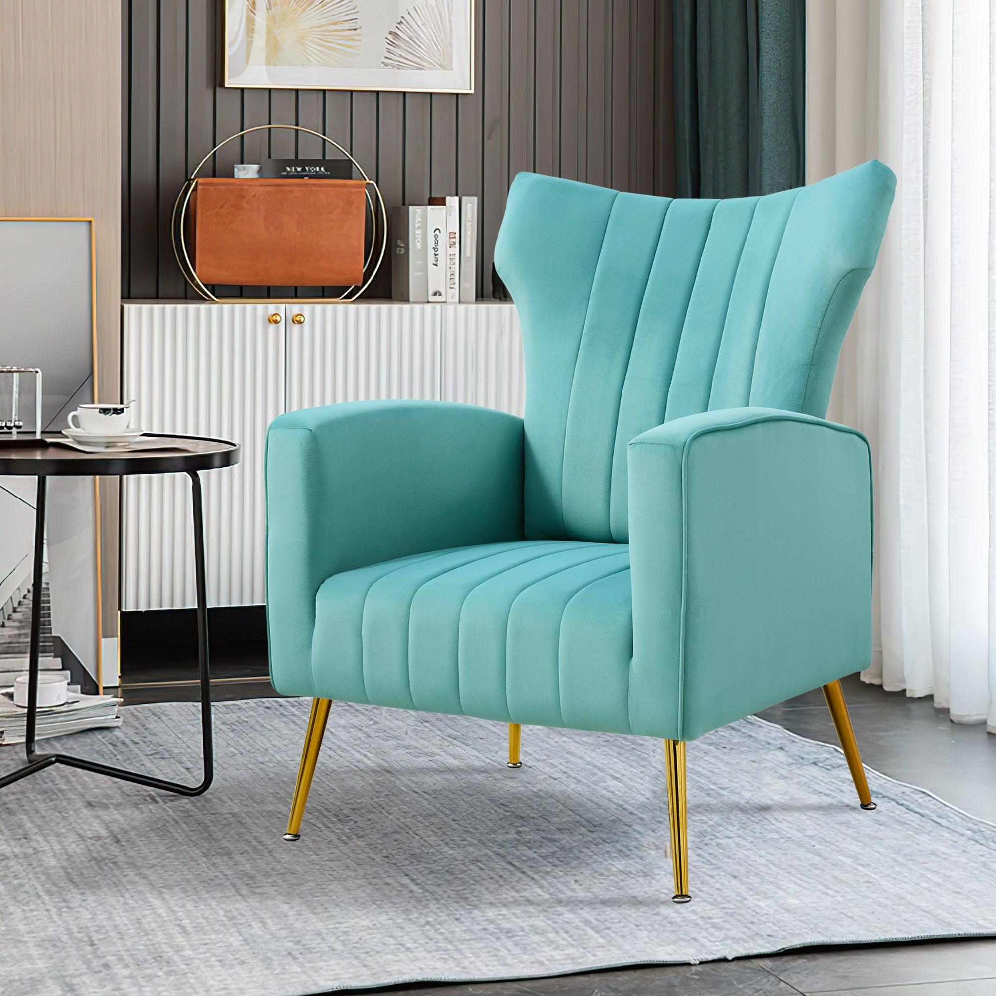 Modern Velvet Accent Chair with Arms, Wingback Reading Chair with Gold Metal Legs, Comfy Upholstered Single Leisure Sofa for Living Room Bedroom Club(Velvet+Blue)