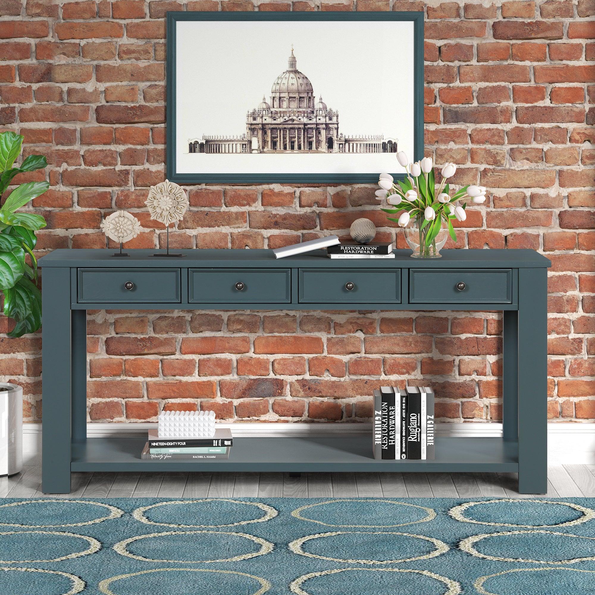 63" Pine Wood Console Table with 4 Drawers and 1 Bottom Shelf for Entryway Hallway Easy Assembly 63 inch Long Sofa Table (Dark Blue) image