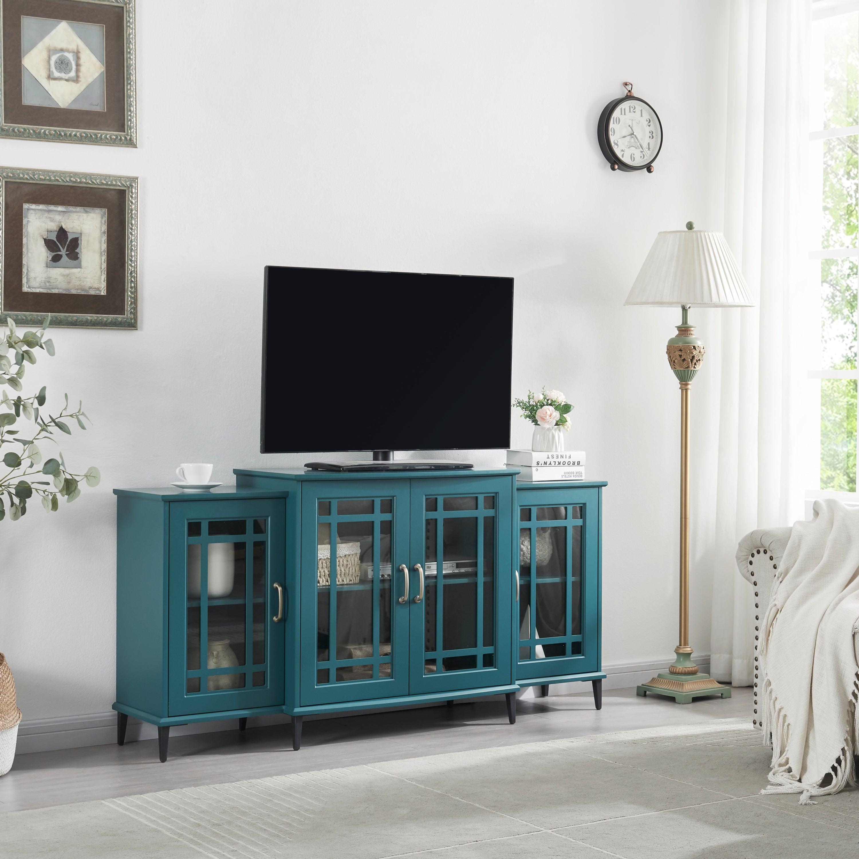 62” TV Stand,Storage Buffet Cabinet, Sideboard with Glass Door and Adjustable Shelves, Console Table for Dining Living Room Cupboard, Teal Blue