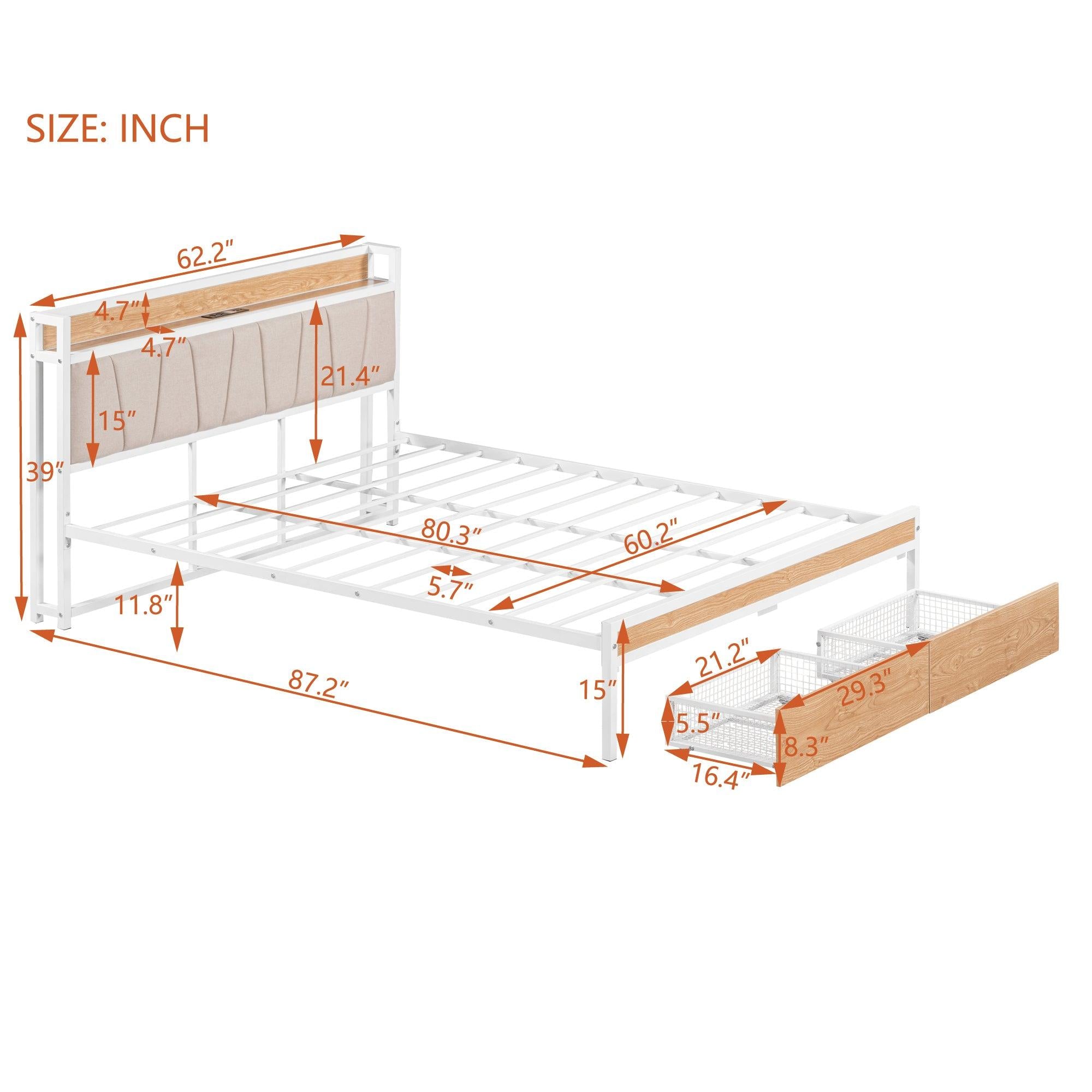 Queen Size Metal Platform Bed Frame with 2 drawers, Upholstered headboard ，Sockets, USB Ports and Slat Support ,No Box Spring Needed，White