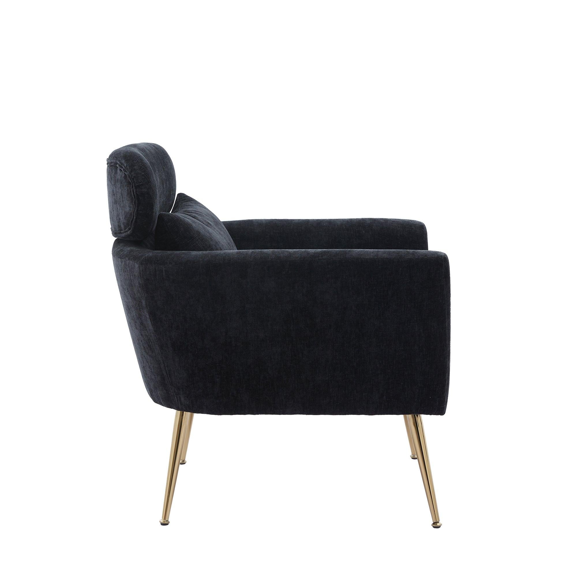 29.5"WModern Chenille Accent Chair Armchair Upholstered Reading Chair Single Sofa Leisure Club Chair with Gold Metal Leg and Throw Pillow for Living Room Bedroom Dorm Room Office, Black Chenille