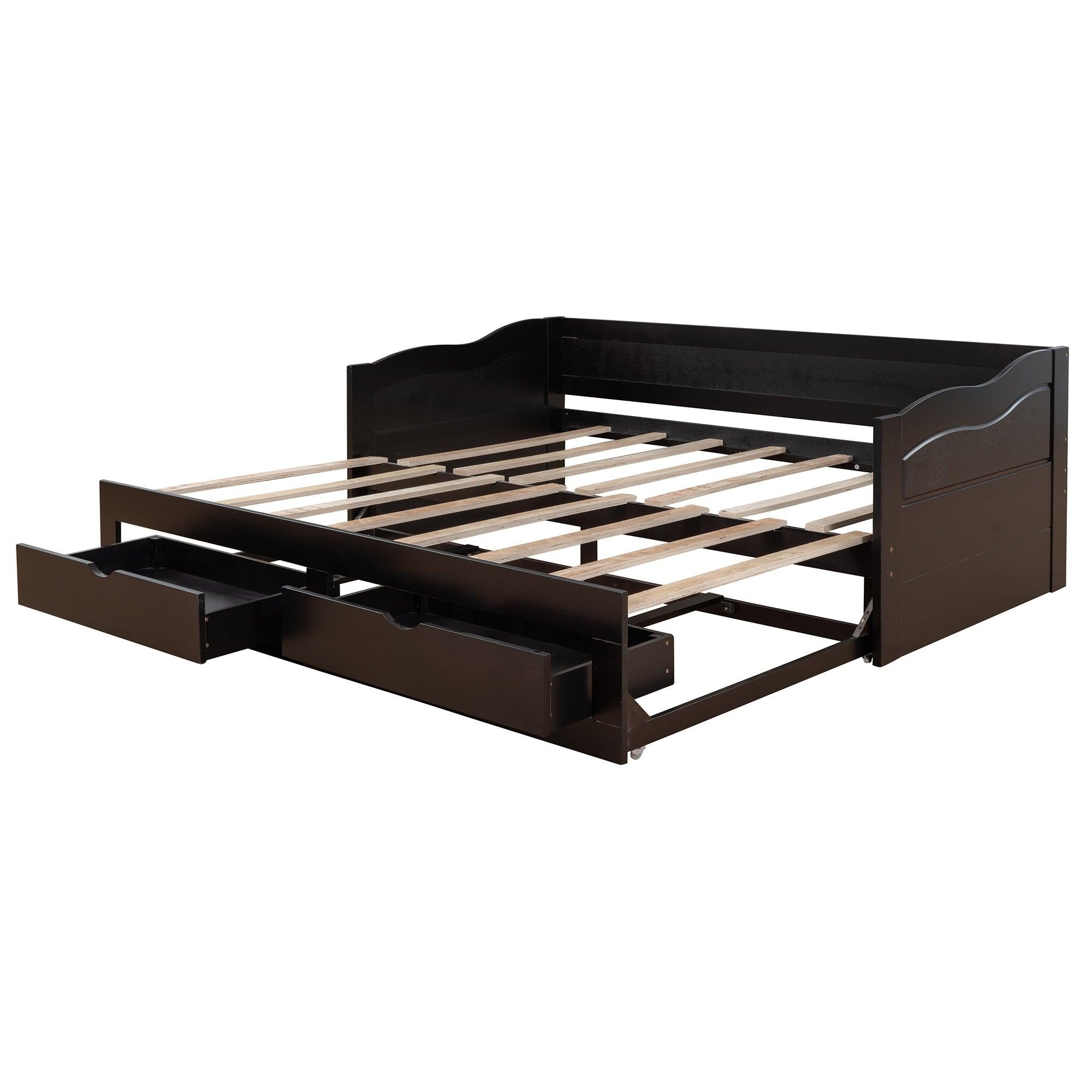 Wooden Daybed with Trundle Bed and TwoStorage Drawers , Extendable Bed Daybed,Sofa Bed with Two Drawers, Espresso