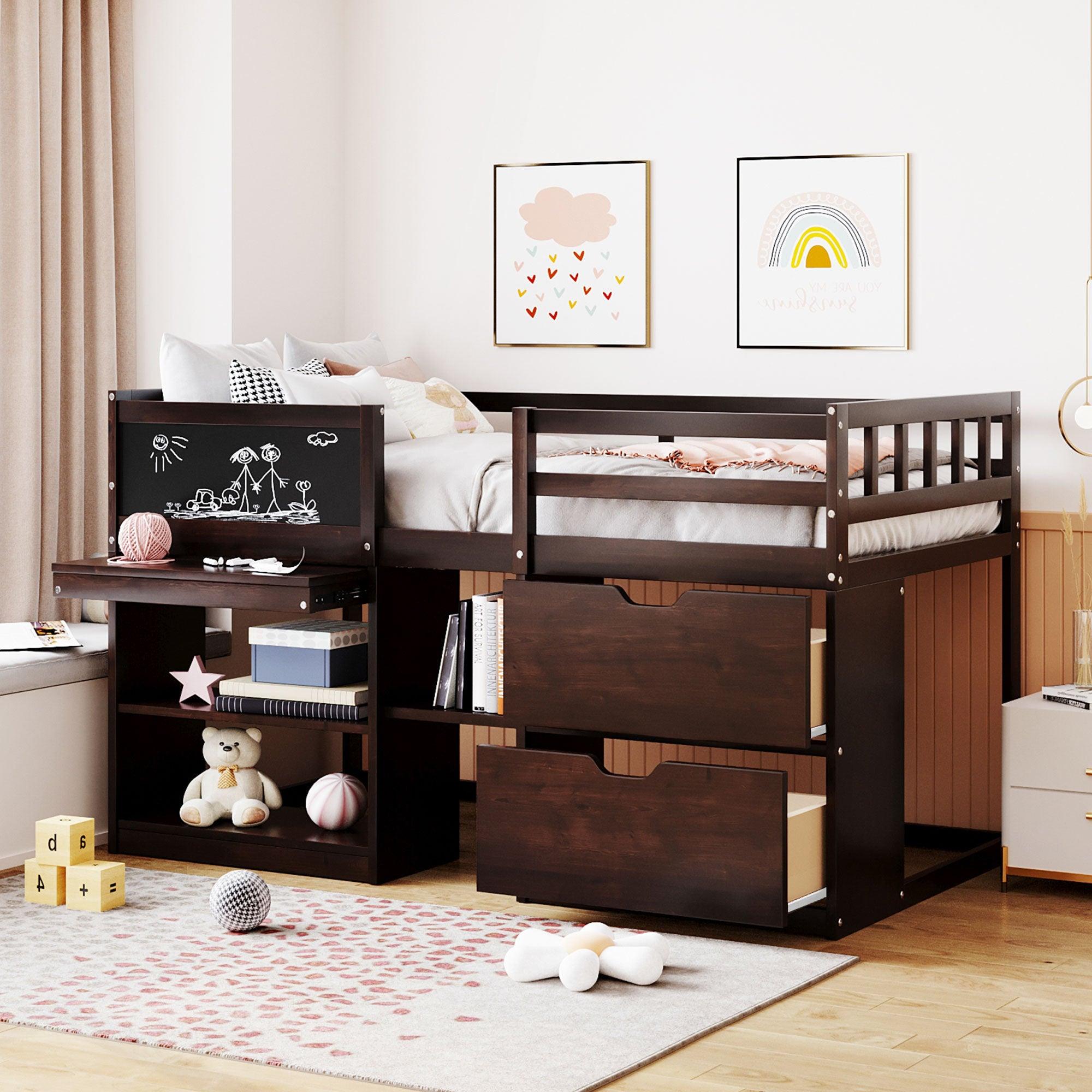 Twin Size Low Loft Bed with Rolling Desk, Shelf and Drawers - Espresso image