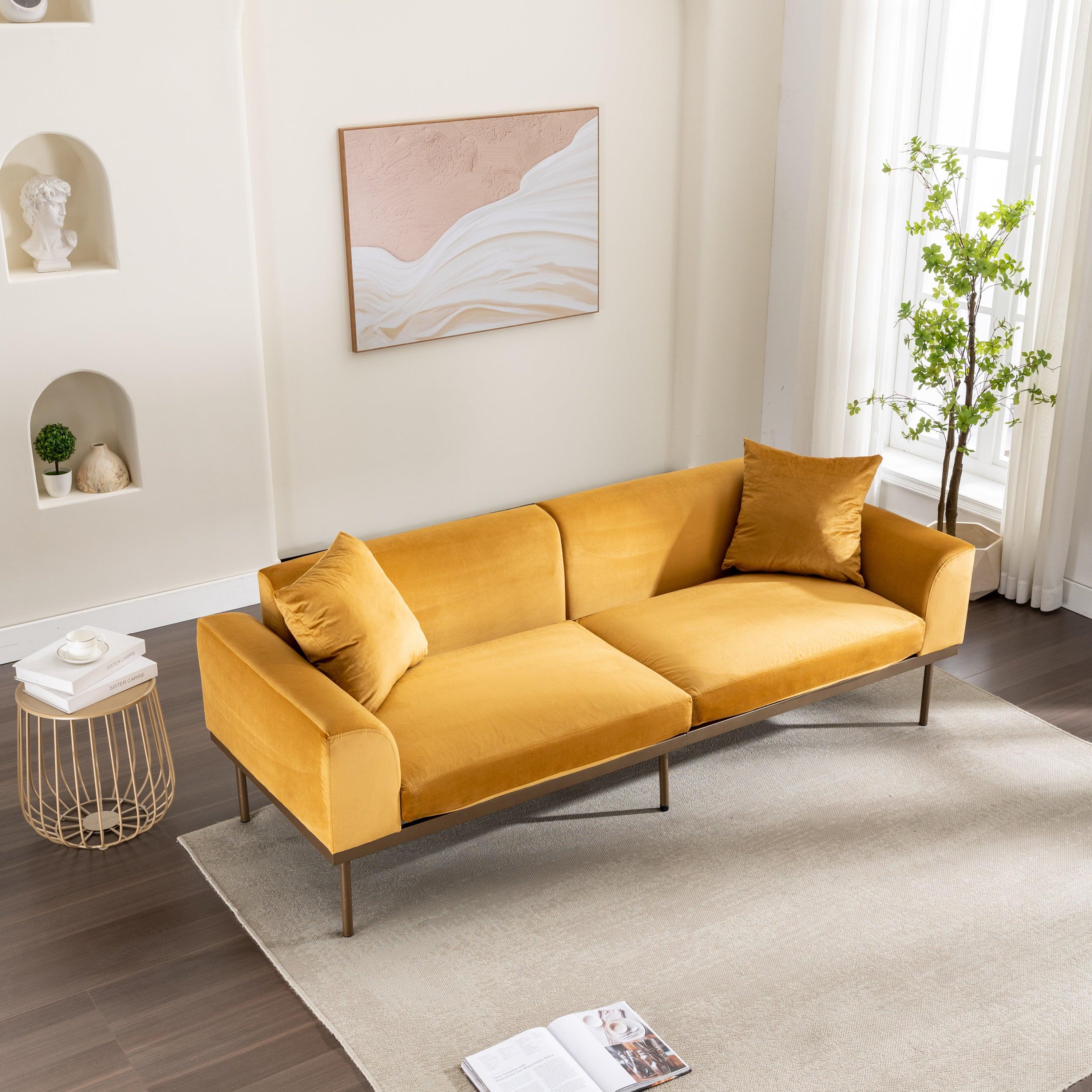 Modern Velvet Sofa with Metal Legs,Loveseat Sofa Couch with Two Pillows for Living Room and Bedroom, Mustard