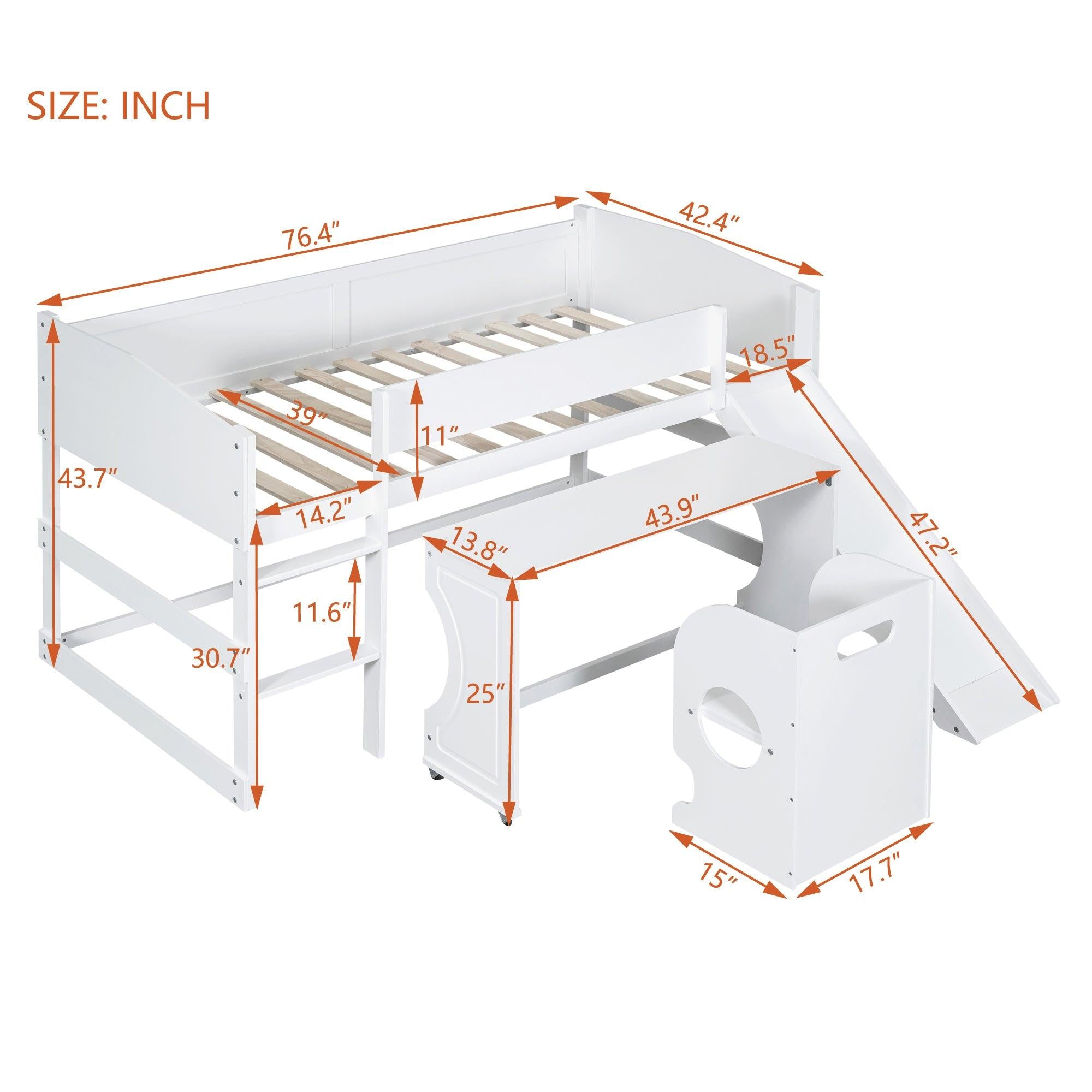 Low Study Twin Loft Bed with Rolling Portable Desk and Chair,Multiple Functions Bed- White