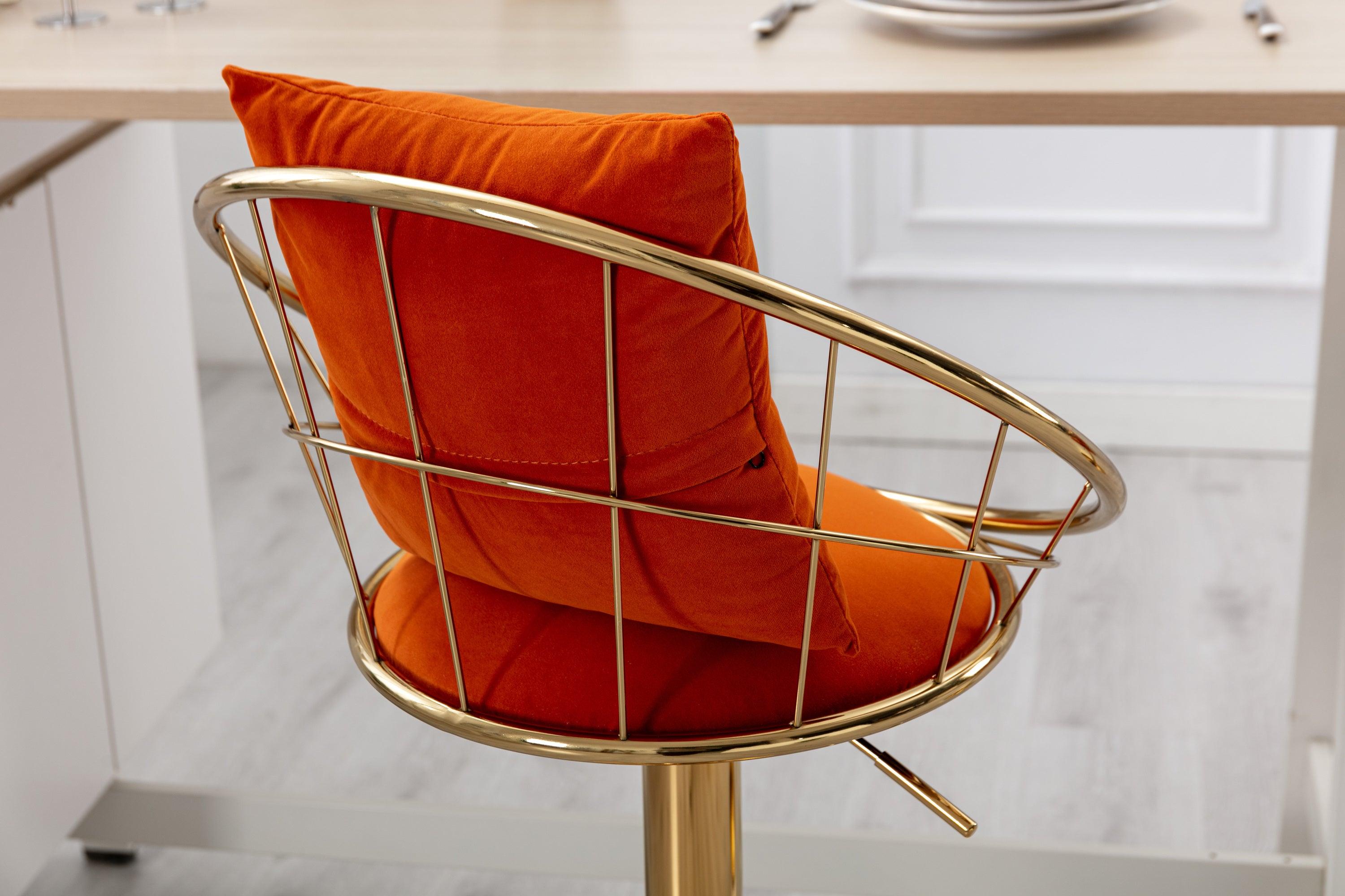 Orange velvet bar chair, pure gold plated, unique design，360 degree rotation, adjustable height，Suitable for dinning room and bar，set of 2