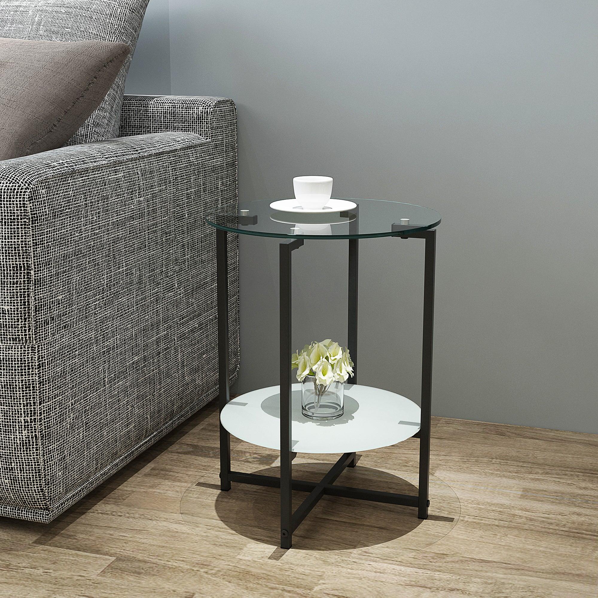 2-layer Tempered Glass End Table, Round Coffee Table for Bedroom Living Room Office image