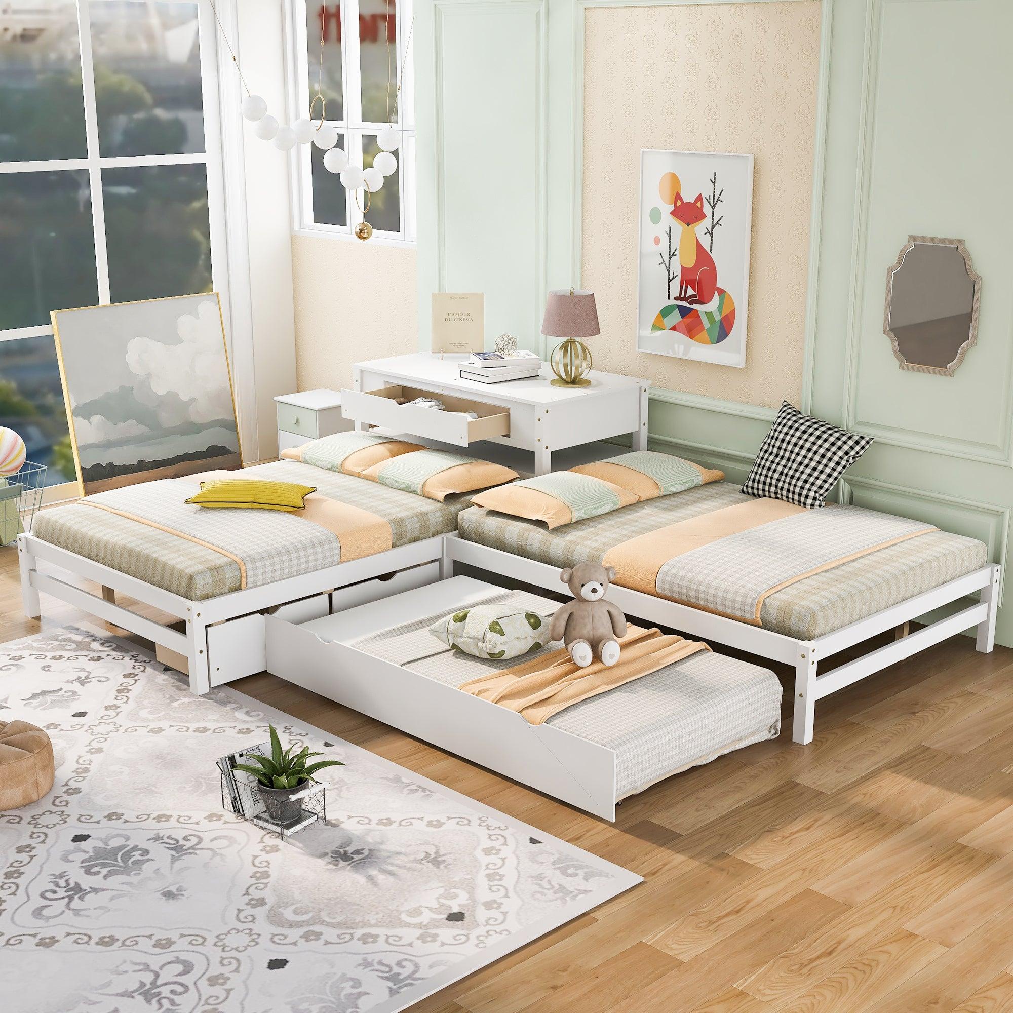 Full Size L-shaped Platform Beds with Twin Size Trundle and Drawers Linked with Built-in Rectangle Table,White image