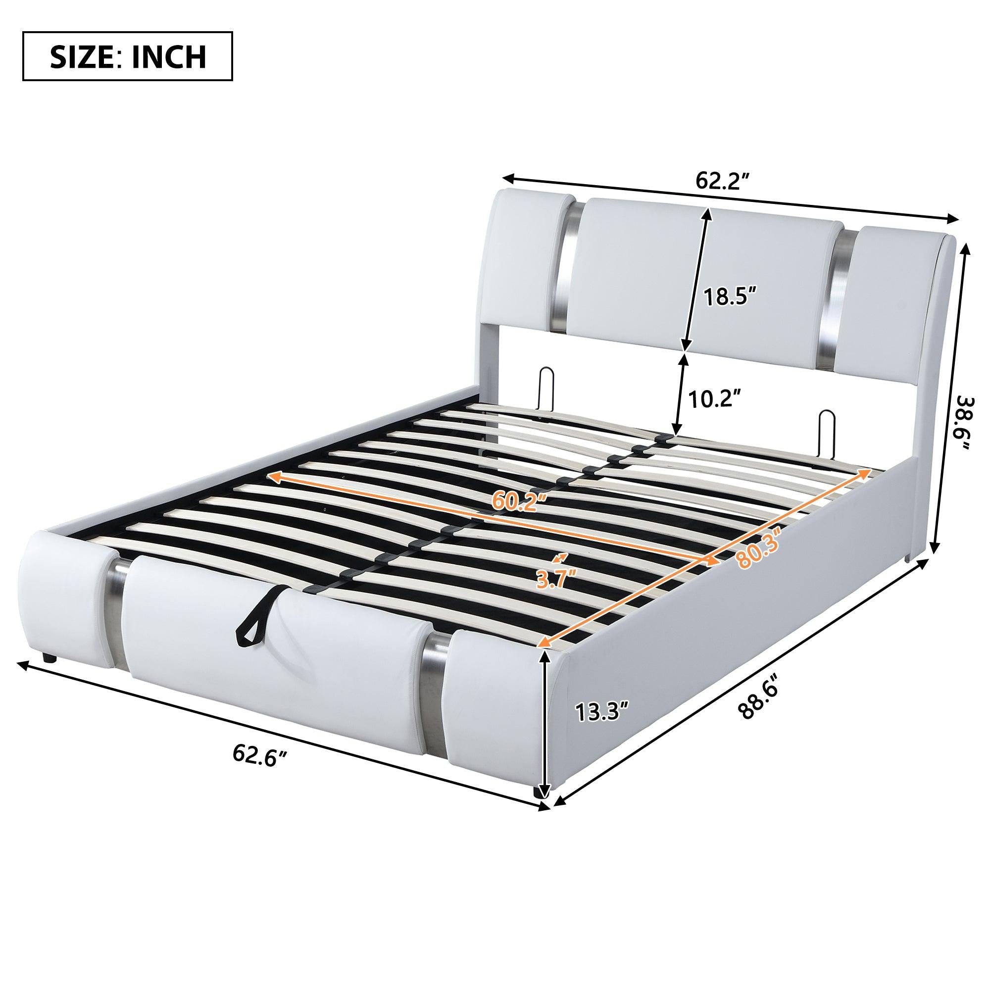 Queen Size Upholstered Faux Leather Platform bed with a HydraulicStorage System, White