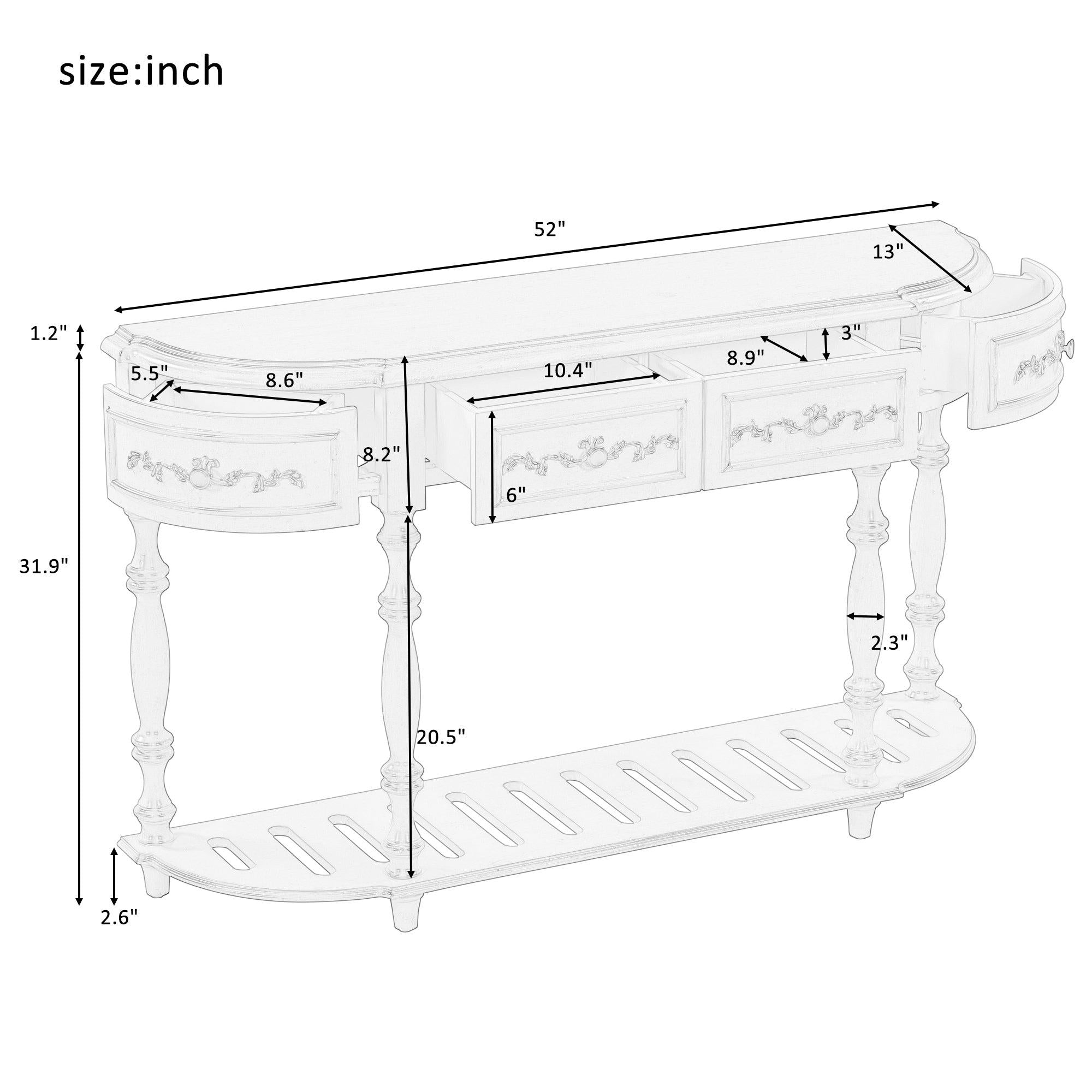 52‘’Modern and Contemporary Curved Console Table Sofa Table Entryway Table for Hallway Living Room Bedroom with 4 Drawers and 1 Shelf