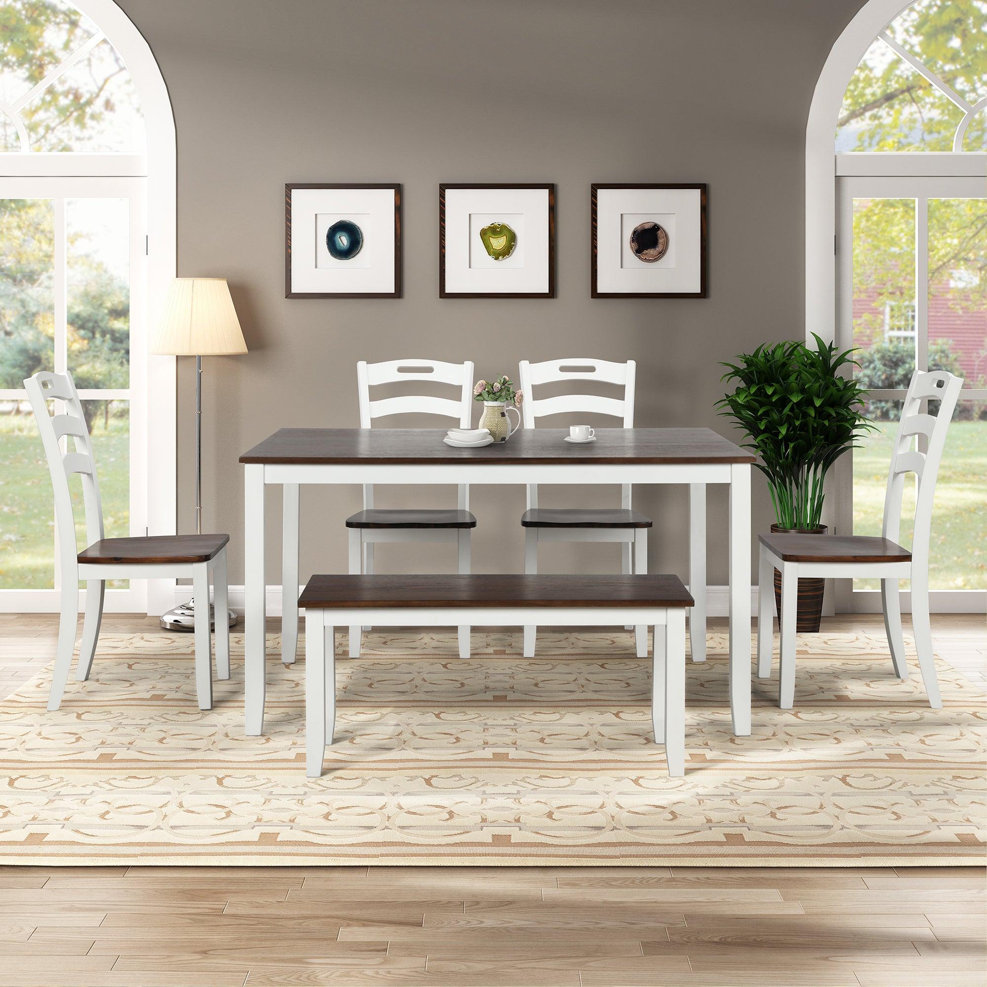 6 Piece Dining Table Set with Bench, Table Set with Waterproof Coat, Ivory and Cherry image