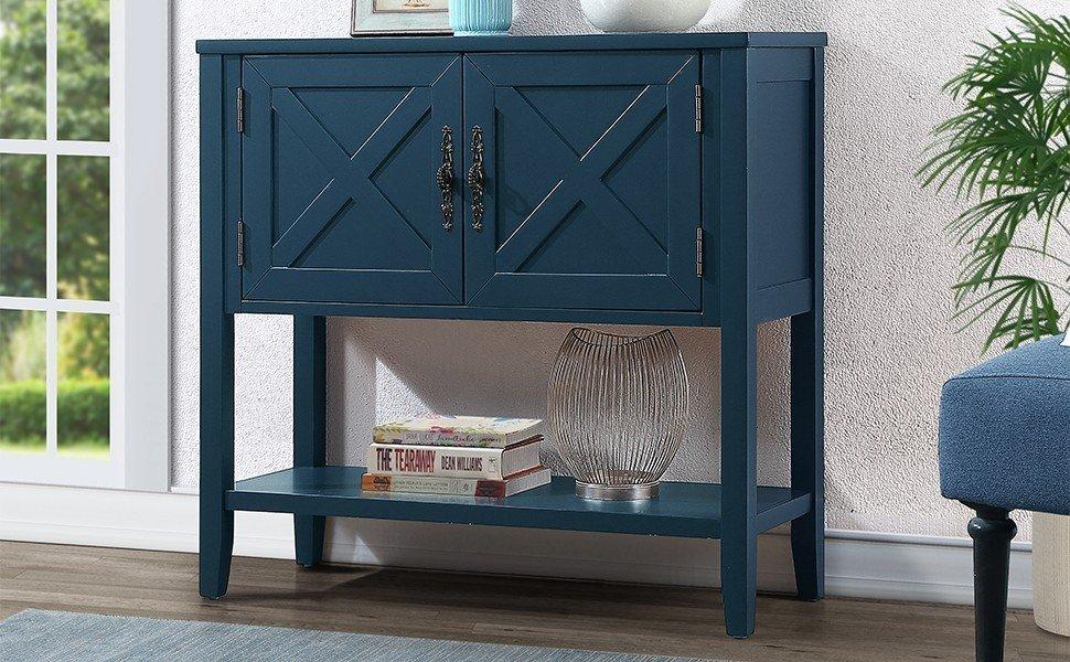 35’’ Farmhouse Wood Buffet Sideboard Console Table with Bottom Shelf and 2-Door Cabinet, for Living Room, Entryway,Kitchen Dining Room Furniture (Navy Blue)