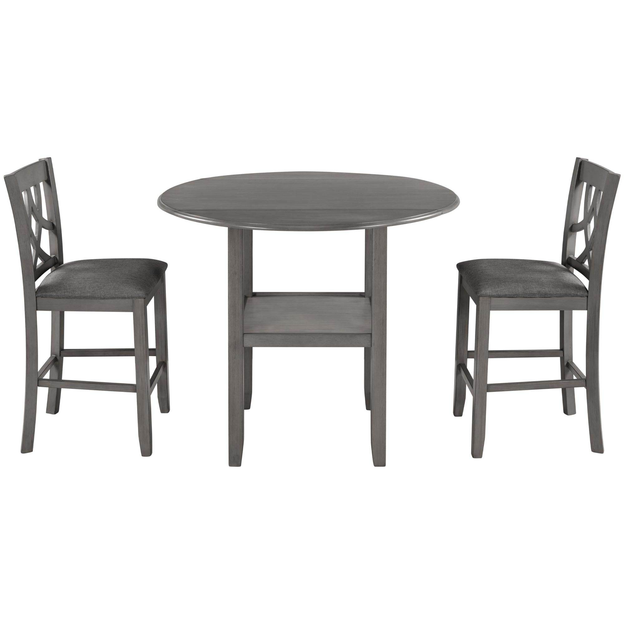 Farmhouse 3 Piece Round Counter Height Kitchen Dining Table Set with Drop Leaf Table, One Shelf and 2 Cross Back Padded Chairs for Small Places, Gray