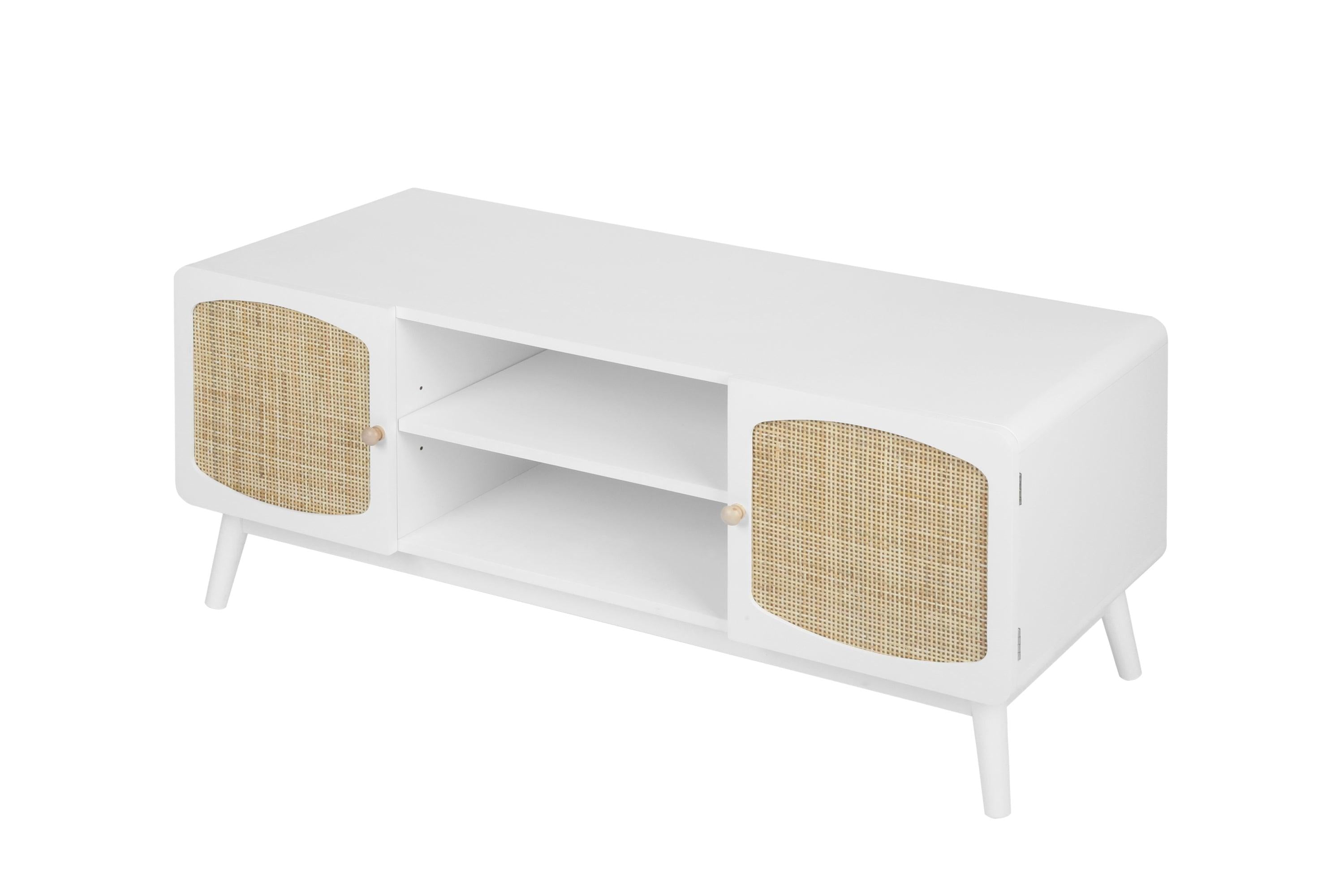 White TV Console with Rattan Door, Boho TV Stand for Bedroom, Living Room