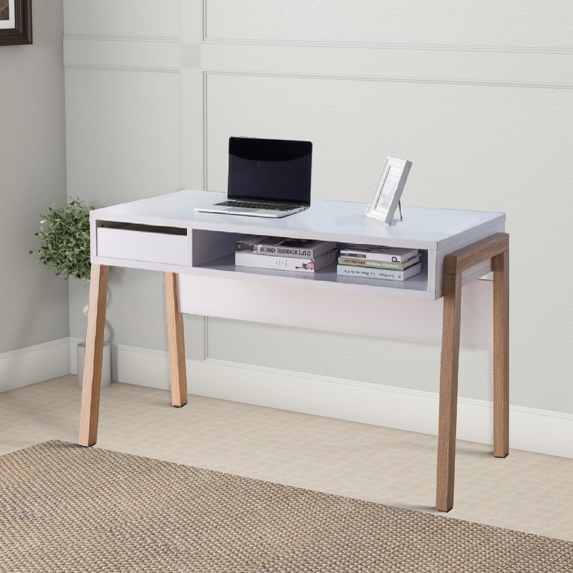 Contemporary Style Desk With OpenStorage Shelf, White and brown