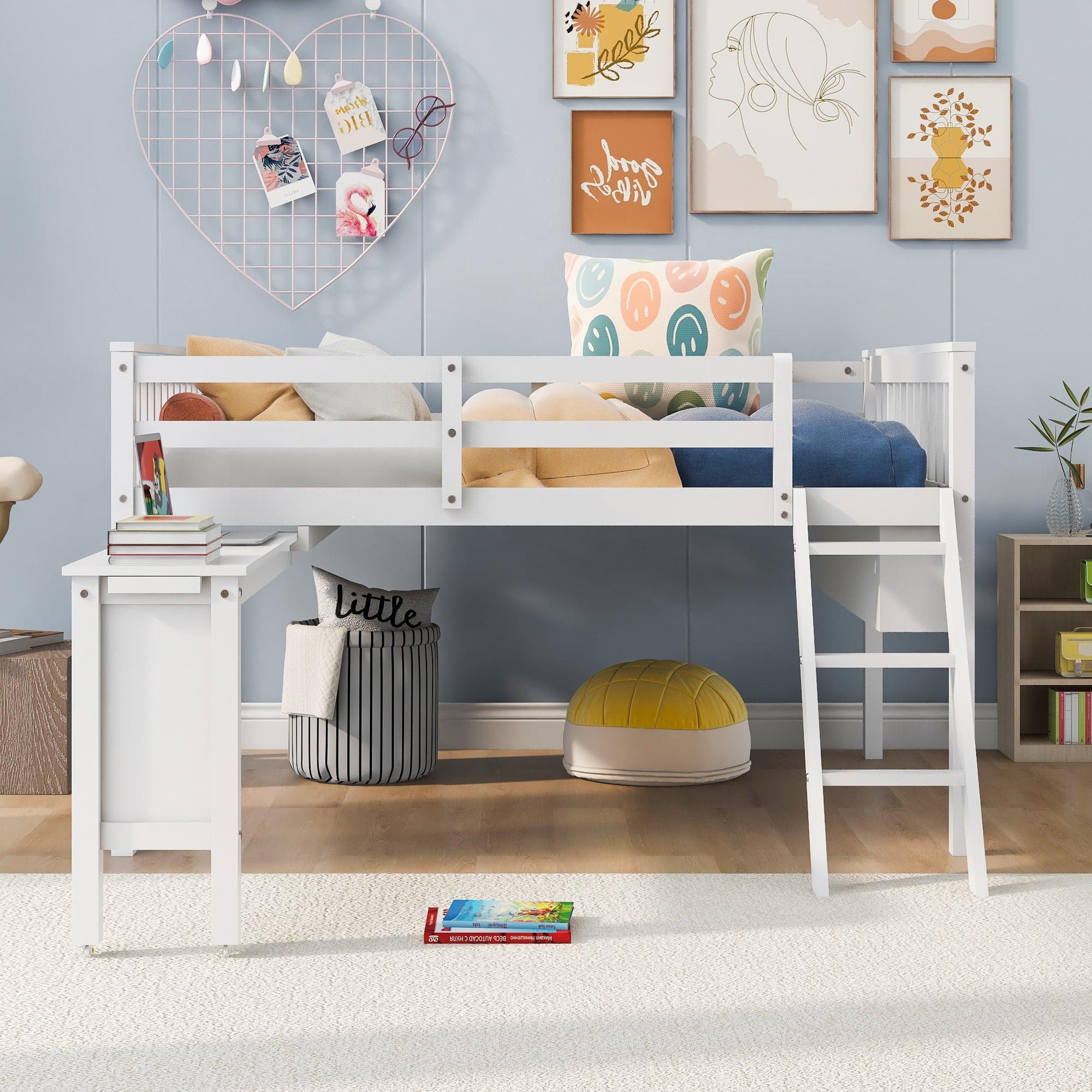 Full Size Loft Bed With Removable Desk and Cabinet, White