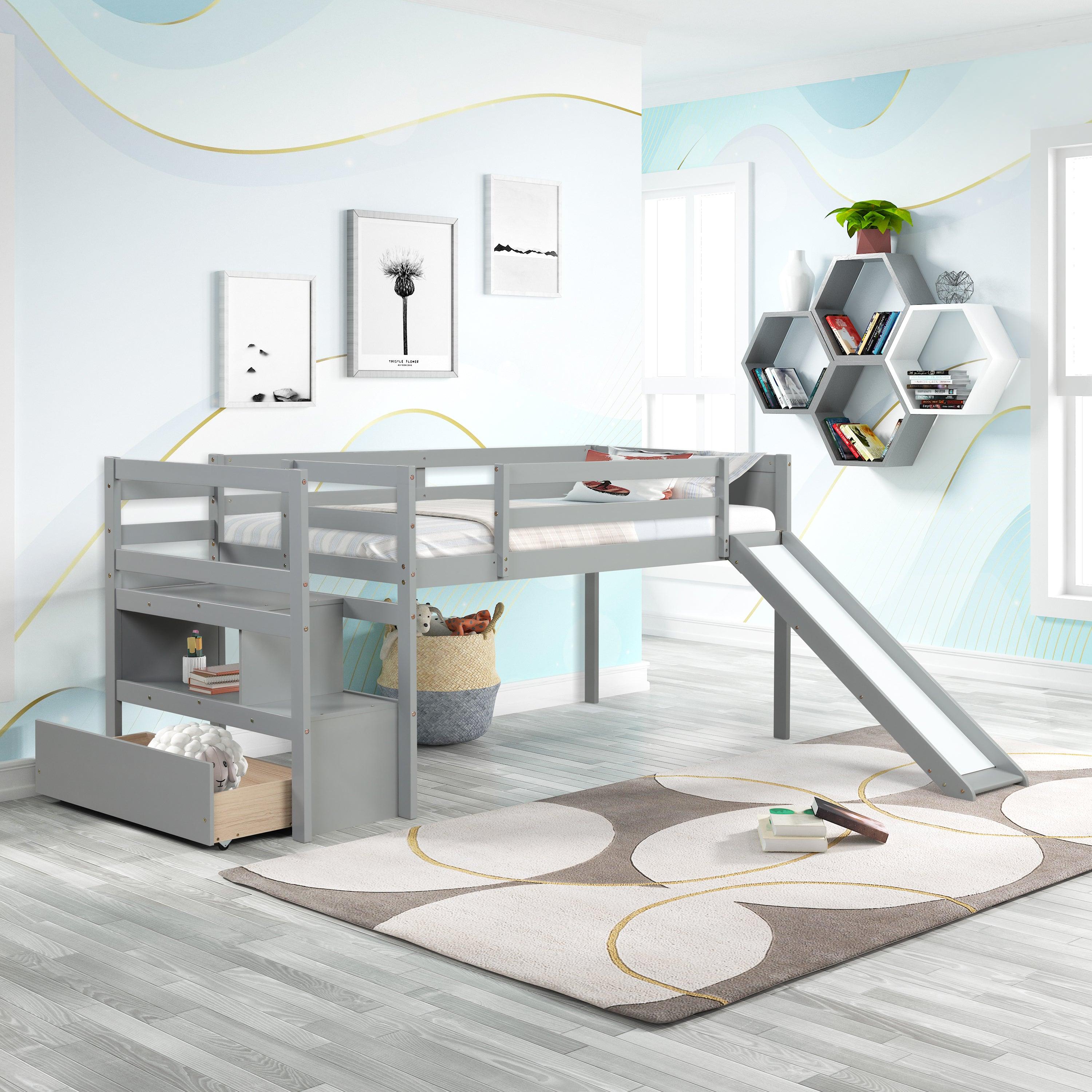 Twin Low Loft Bed with Stairs and Slide image