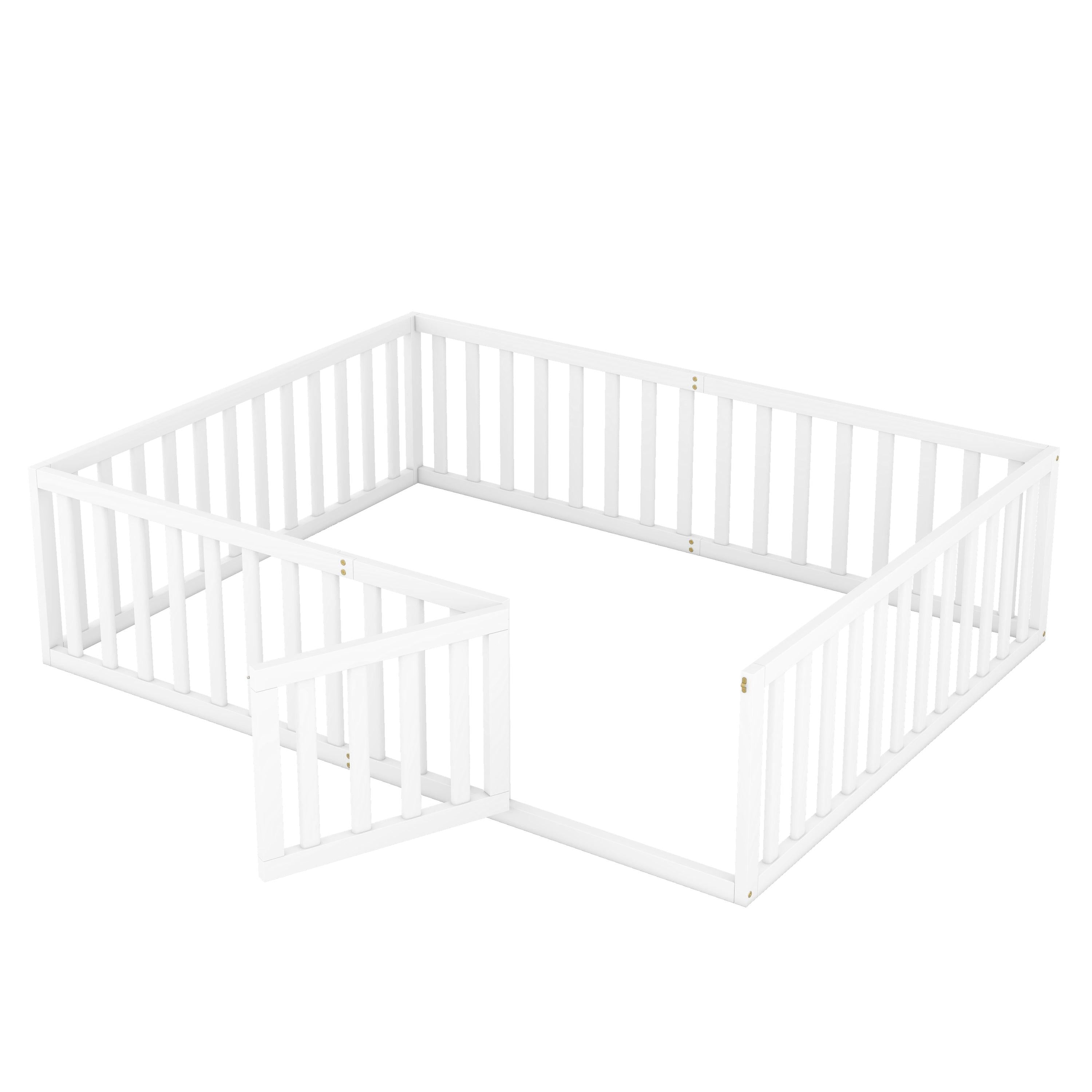 Queen  Size Wood Floor Bed Frame with Fence and Door, White