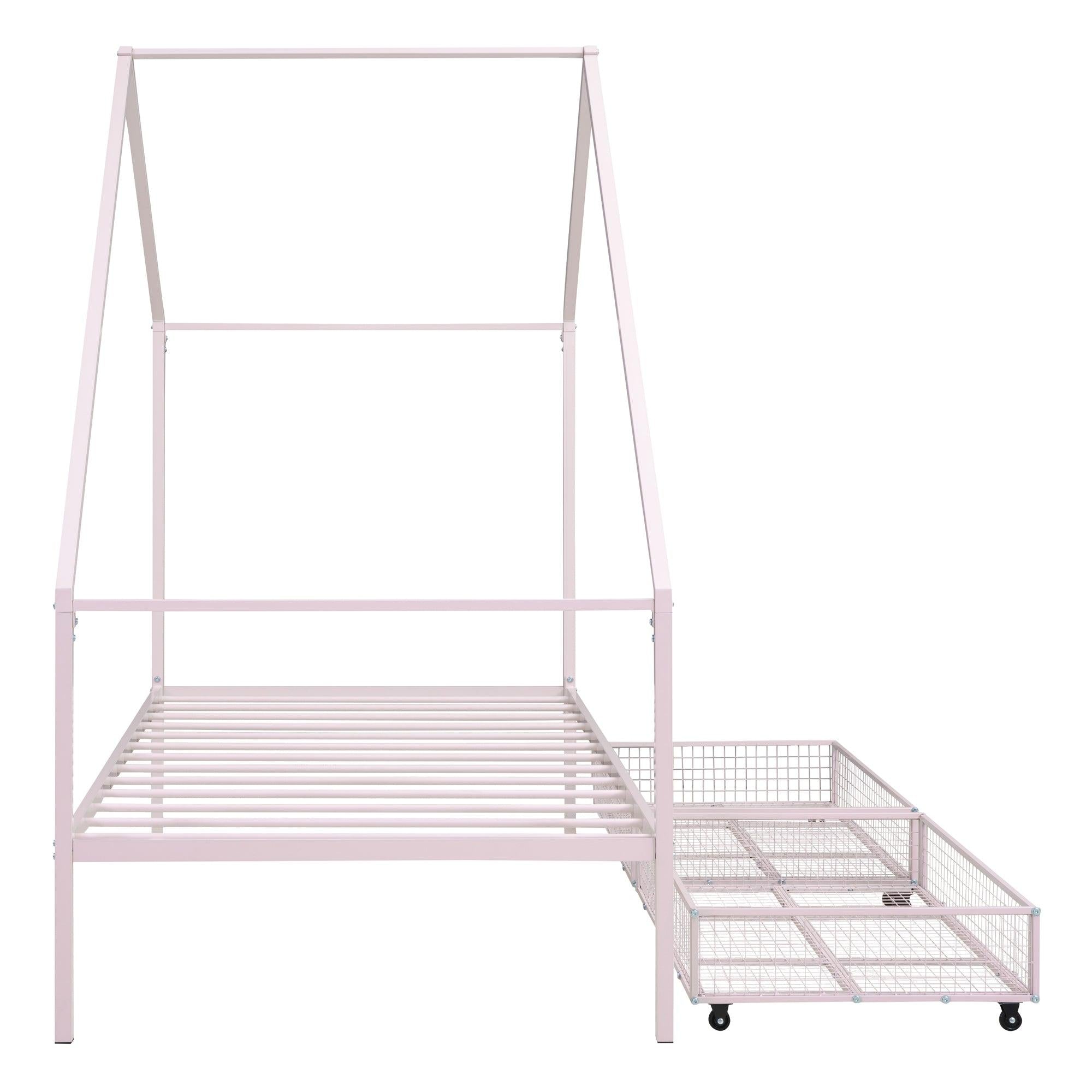 Twin Size Metal House Bed with TwoStorage Drawers, Pink