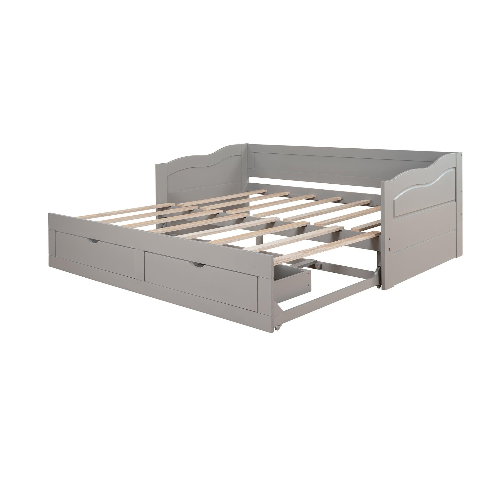 Wooden Daybed with Trundle Bed and TwoStorage Drawers , Extendable Bed Daybed,Sofa Bed with Two Drawers, Gray