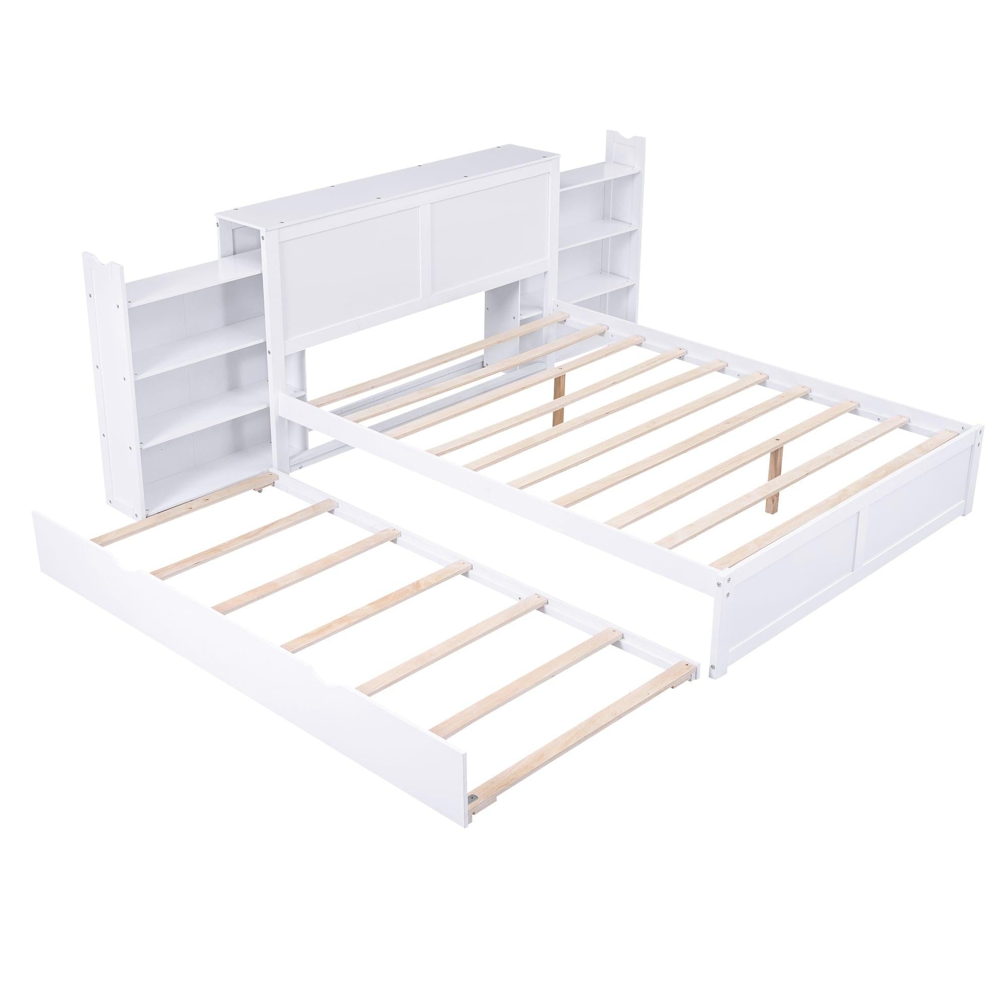 Queen SizeStorage Platform Bed with Pull Out Shelves and Twin Size Trundle, White