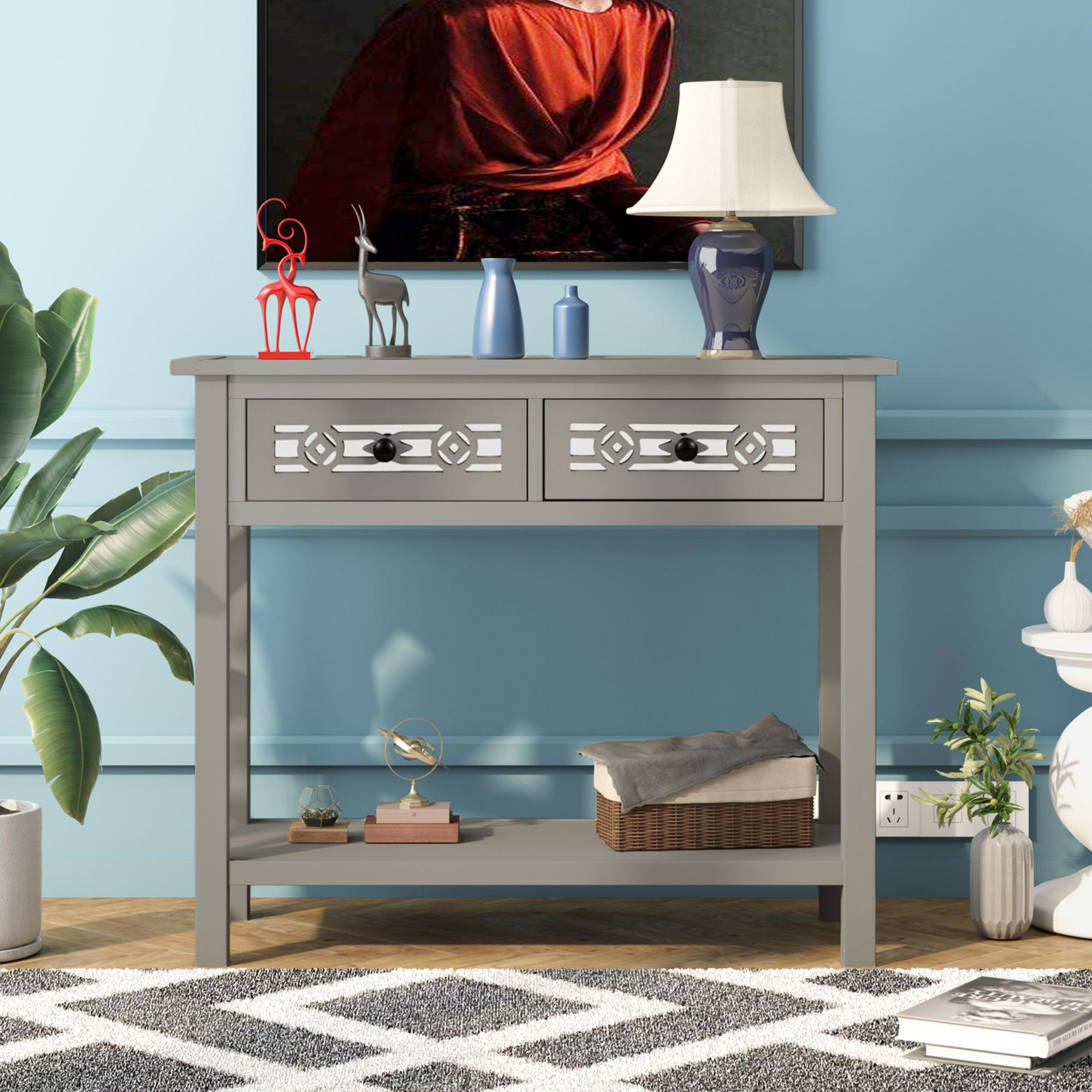 Classic Console Table with Hollow-out Decoration Two Top Drawers and Open Shelf LargeStorage Space (Silver)