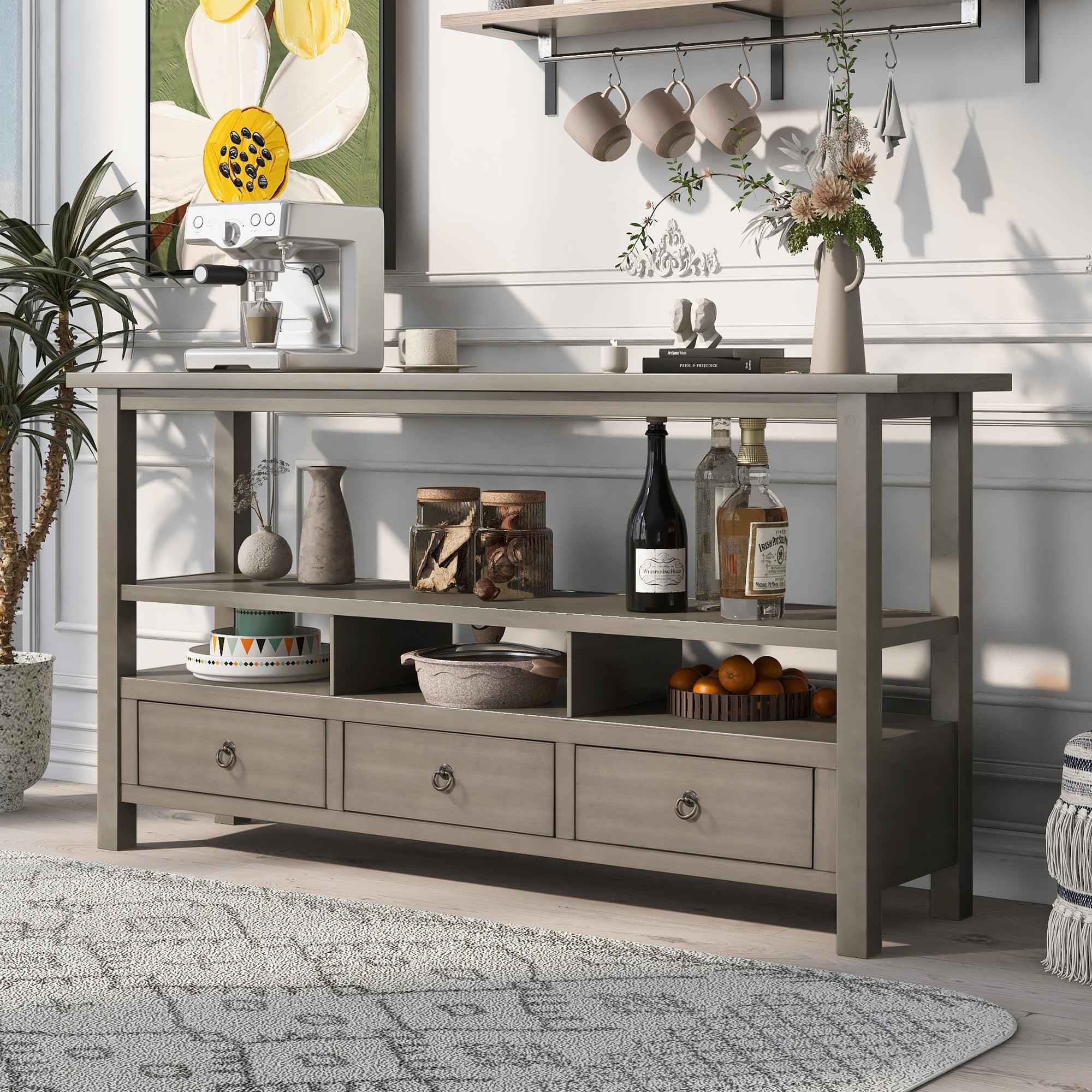 Rustic Solid Console Table Double-Storey Tabletop with Three Drawers  for Living Room (Gray Wash) image