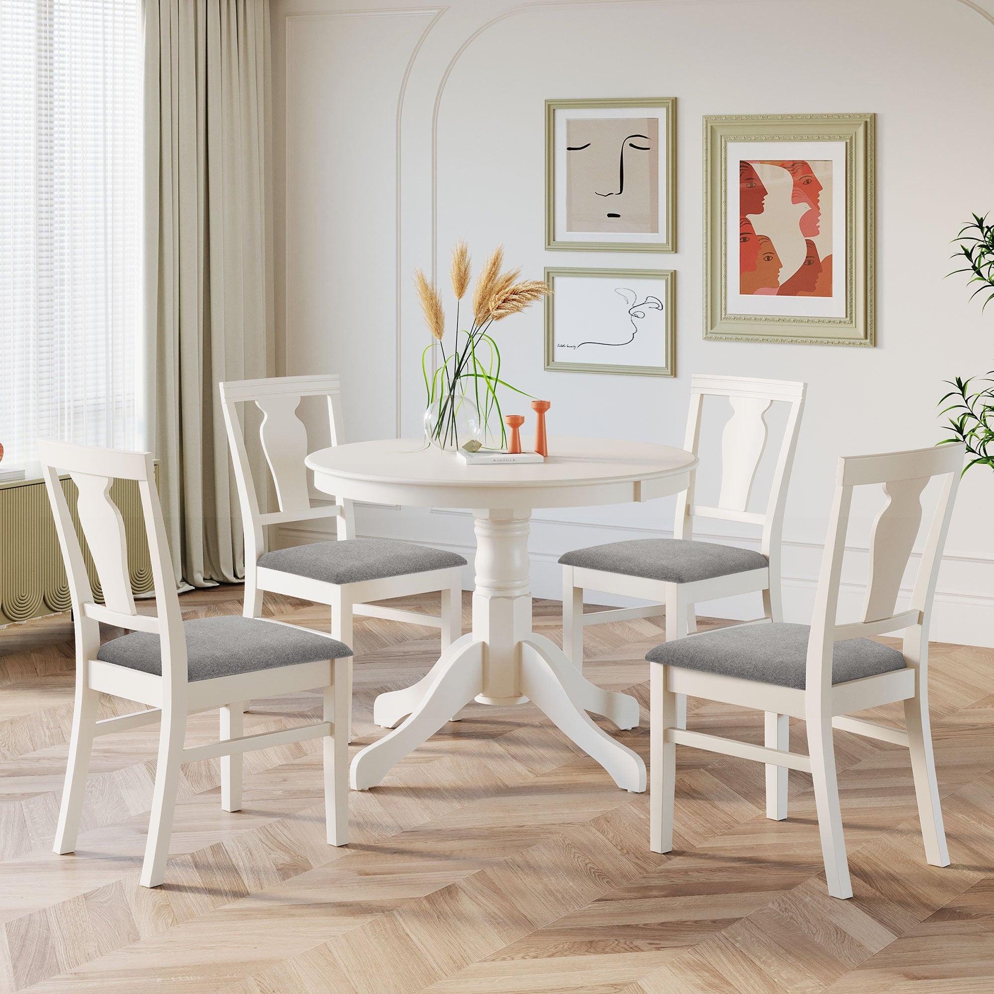 Mid-Century Wood 5-Piece Dining Table Set, Round Kitchen Set with 4 Upholstered Dining Chairs for Small Places, Cream White image